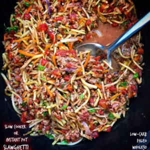 Slawghetti is broccoli slaw cooked in the slow cooker to a soft 'spaghetti' consistency. This is a great low-carb, paleo, and whole30 alternative to spaghetti that's not spaghetti squash.