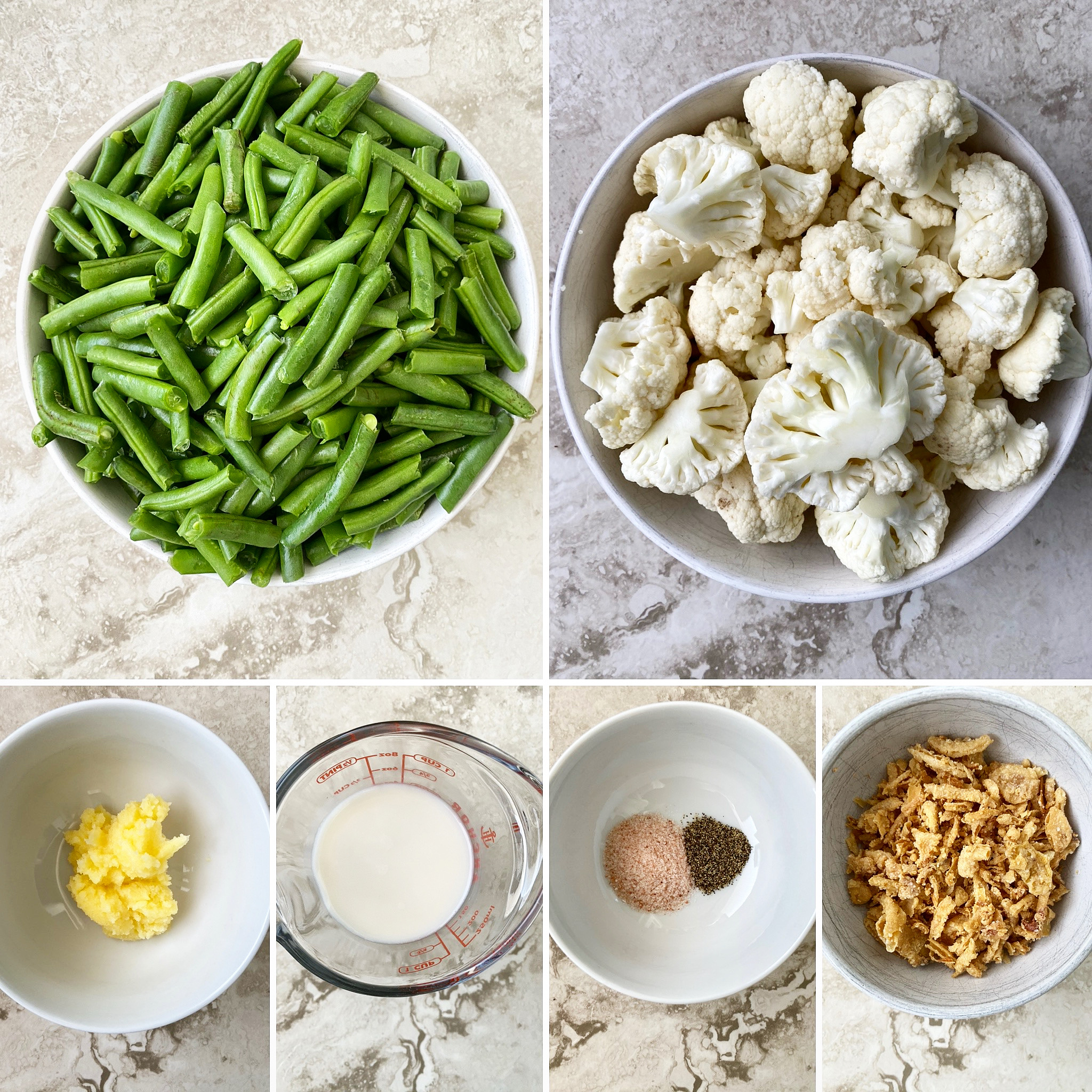 collage of ingredients for healthy crockpot green bean casserole