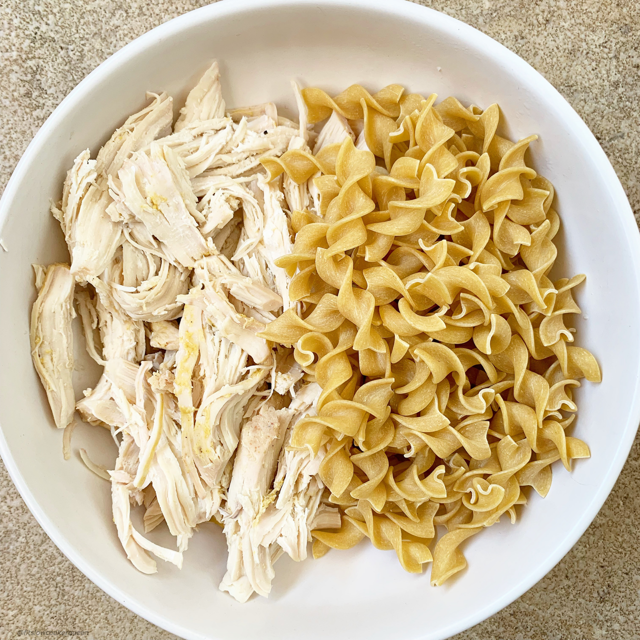 cooked, shredded chicken and uncooked wide egg noodles on a white bowl