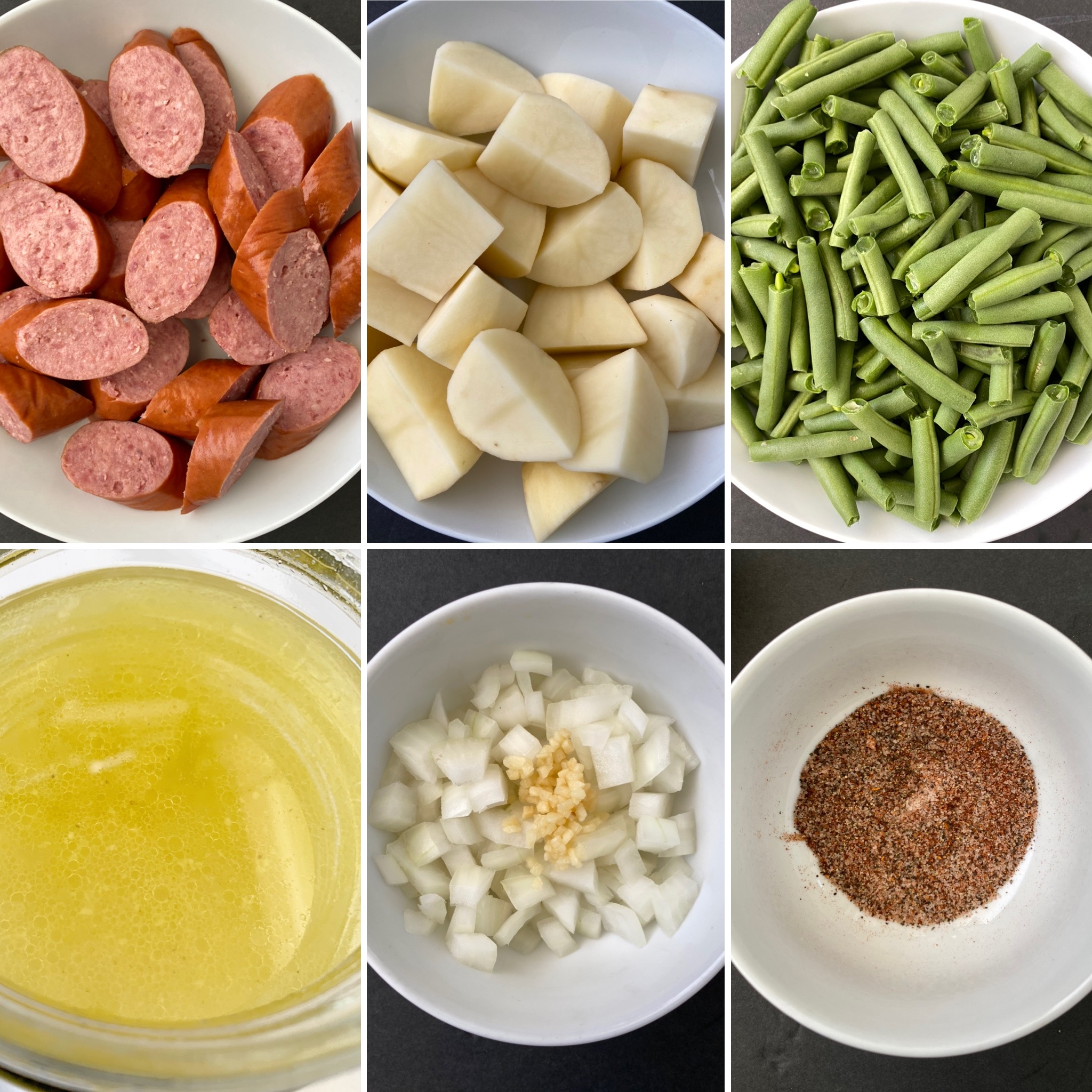 collage of ingredients for Crockpot Sausage, Potatoes Green Beans 