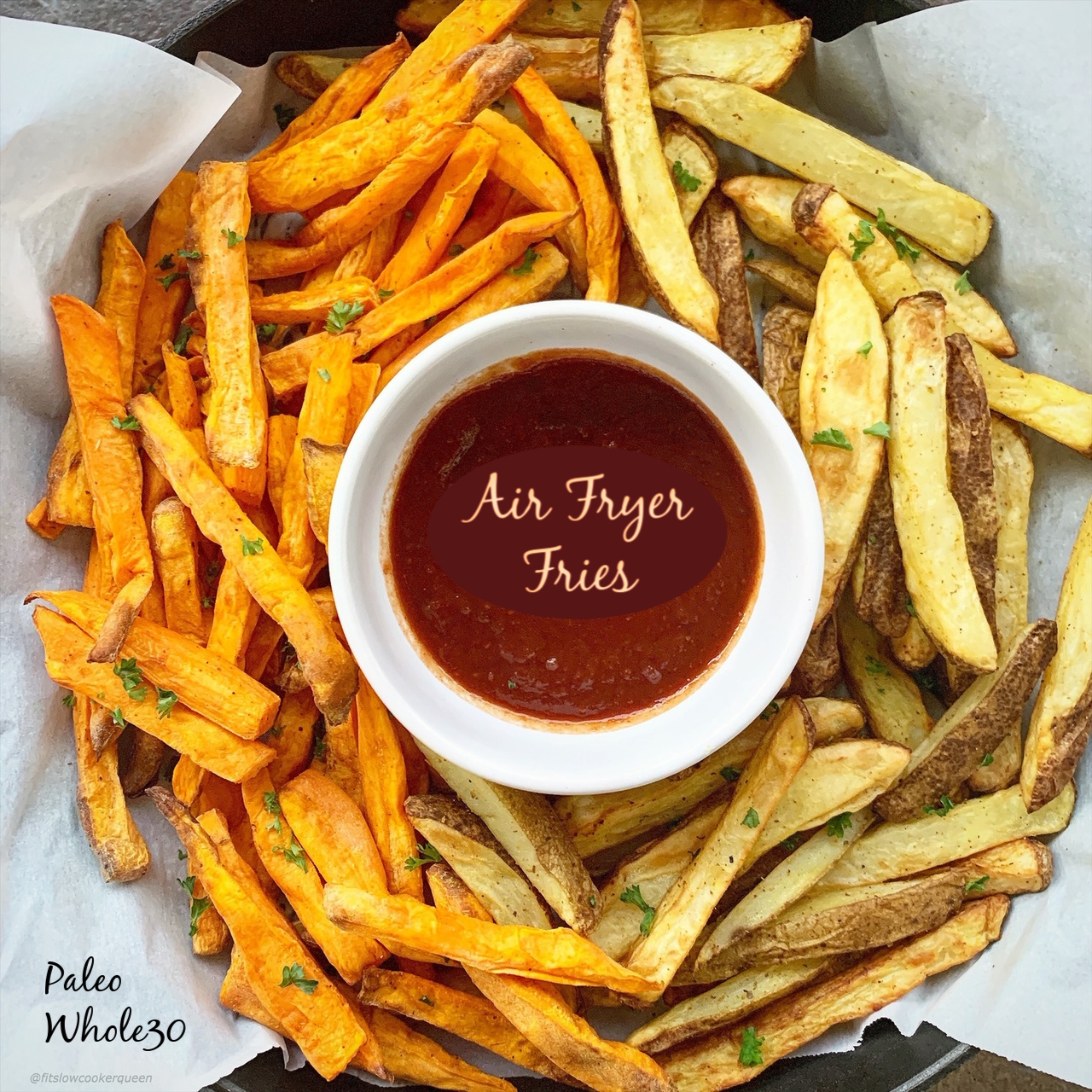 Air fryer, homemade french fries are not only healthy but easy to make. Use this paleo and whole30 recipe for homemade, oil-free french fries or sweet potato fries.
