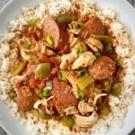 overhead shot of cooked Cajun chicken & sausage over white rice in a white bowl