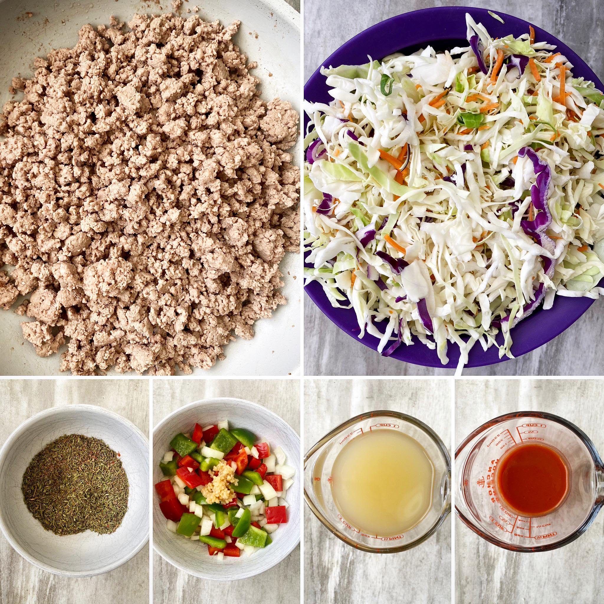 collage of ingredients for slow cooker spicy turkey slaw