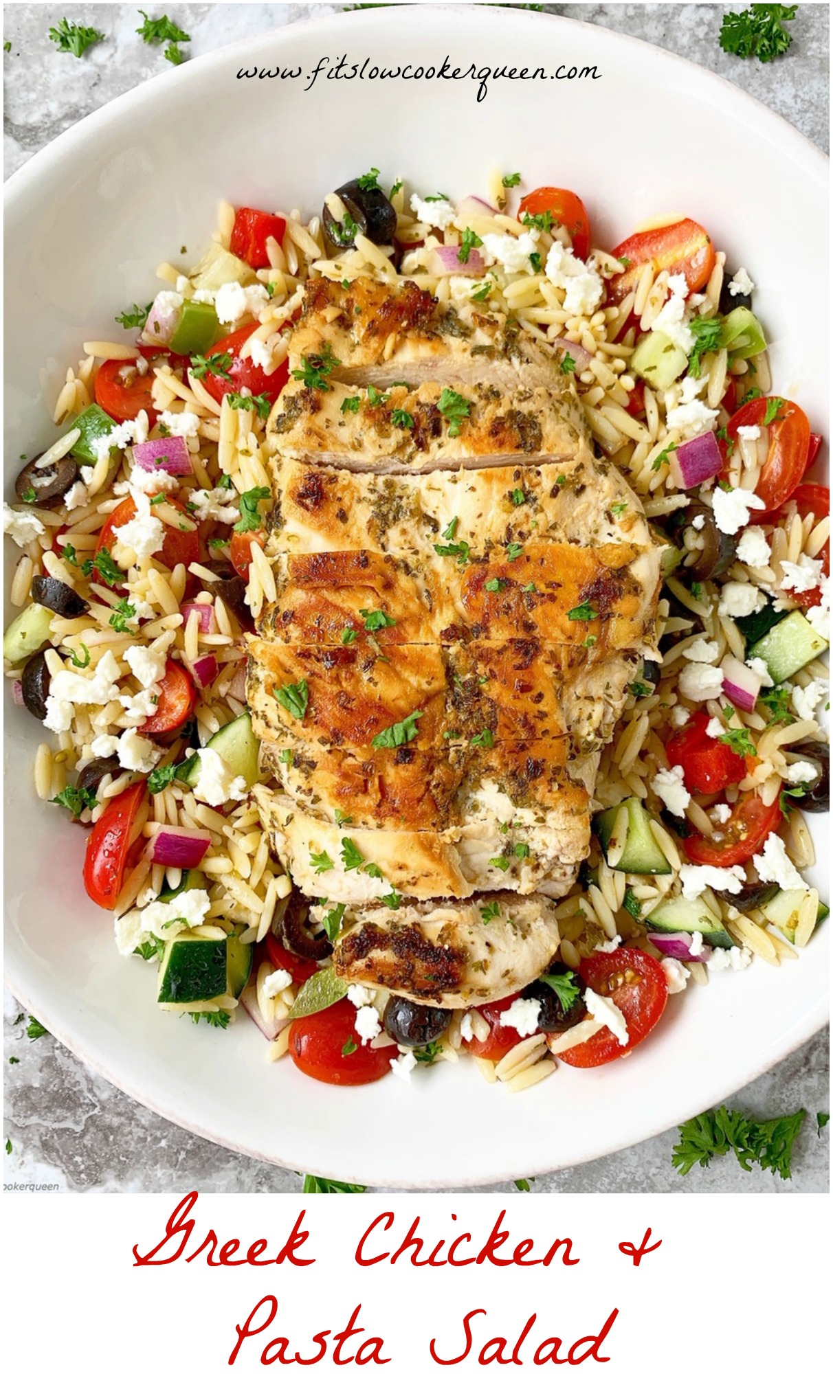 This Greek inspired chicken & pasta salad uses a single homemade dressing that's used for both the marinade and salad dressing. Make this in under 30 minutes.