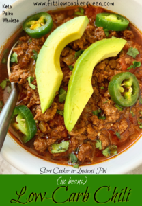 No beans necessary! Omit the beans and you have a delicious low-carb, keto chili. Make this paleo/whole30 chili recipe in your slow cooker or Instant Pot.
