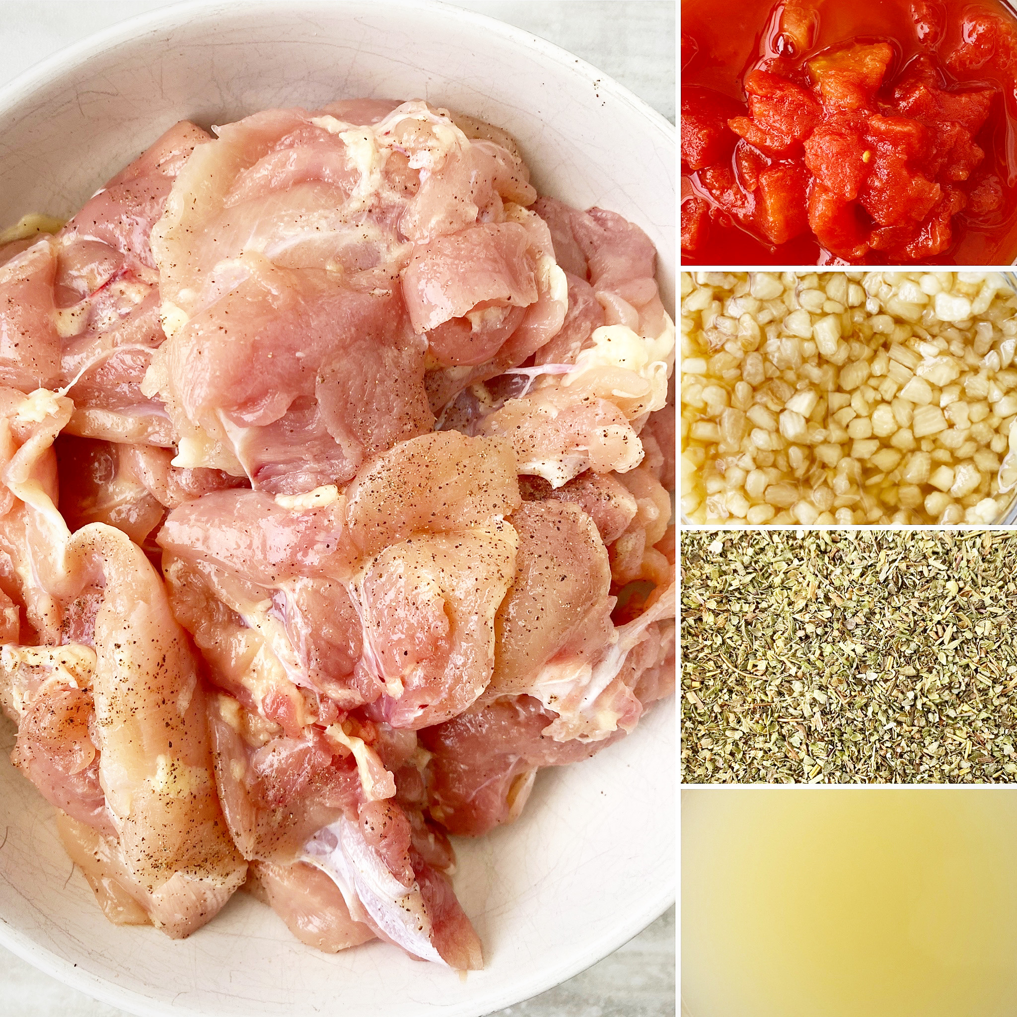 collage of ingredients for slow cooker tomato garlic chicken & herbs