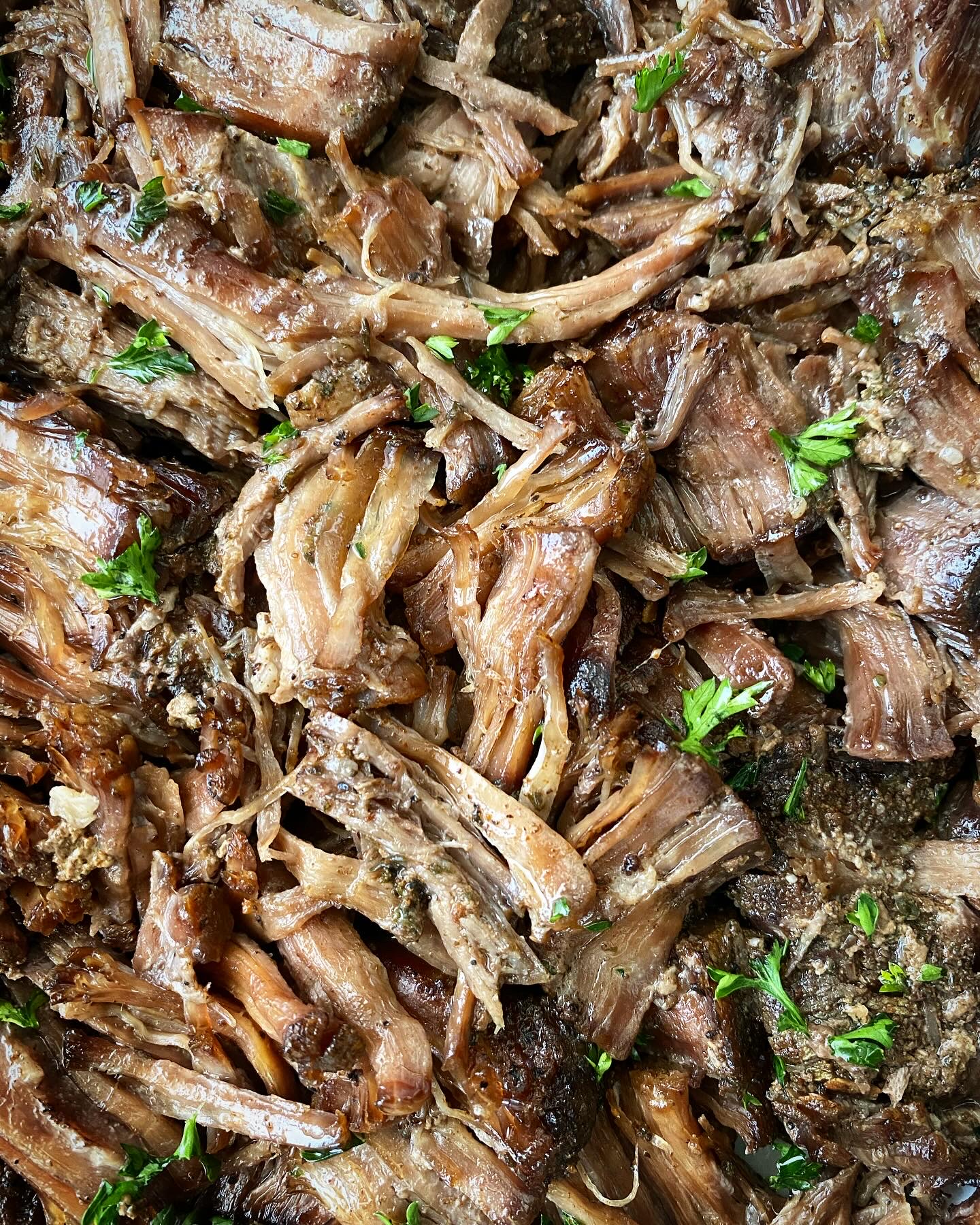 close up shot of cooked shredded beef roast