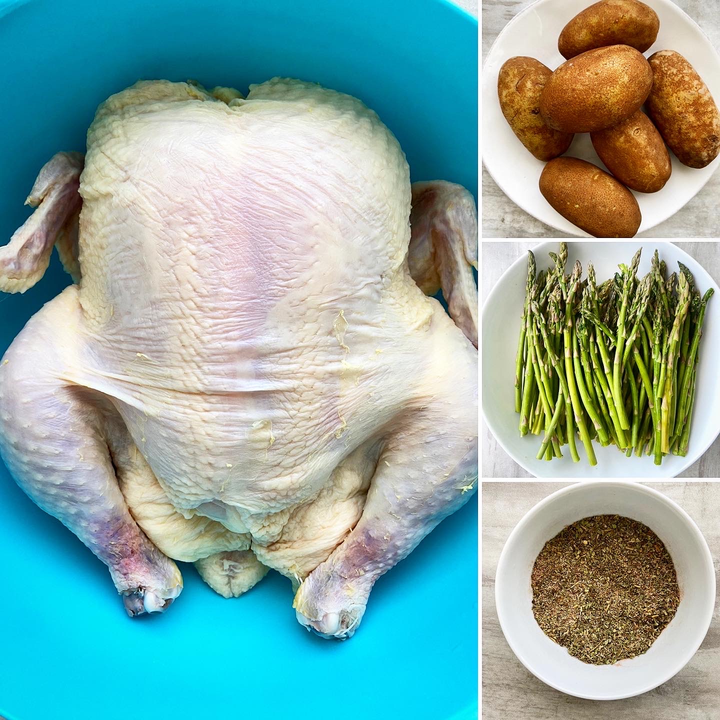 collage of ingredients for whole chicken dinner