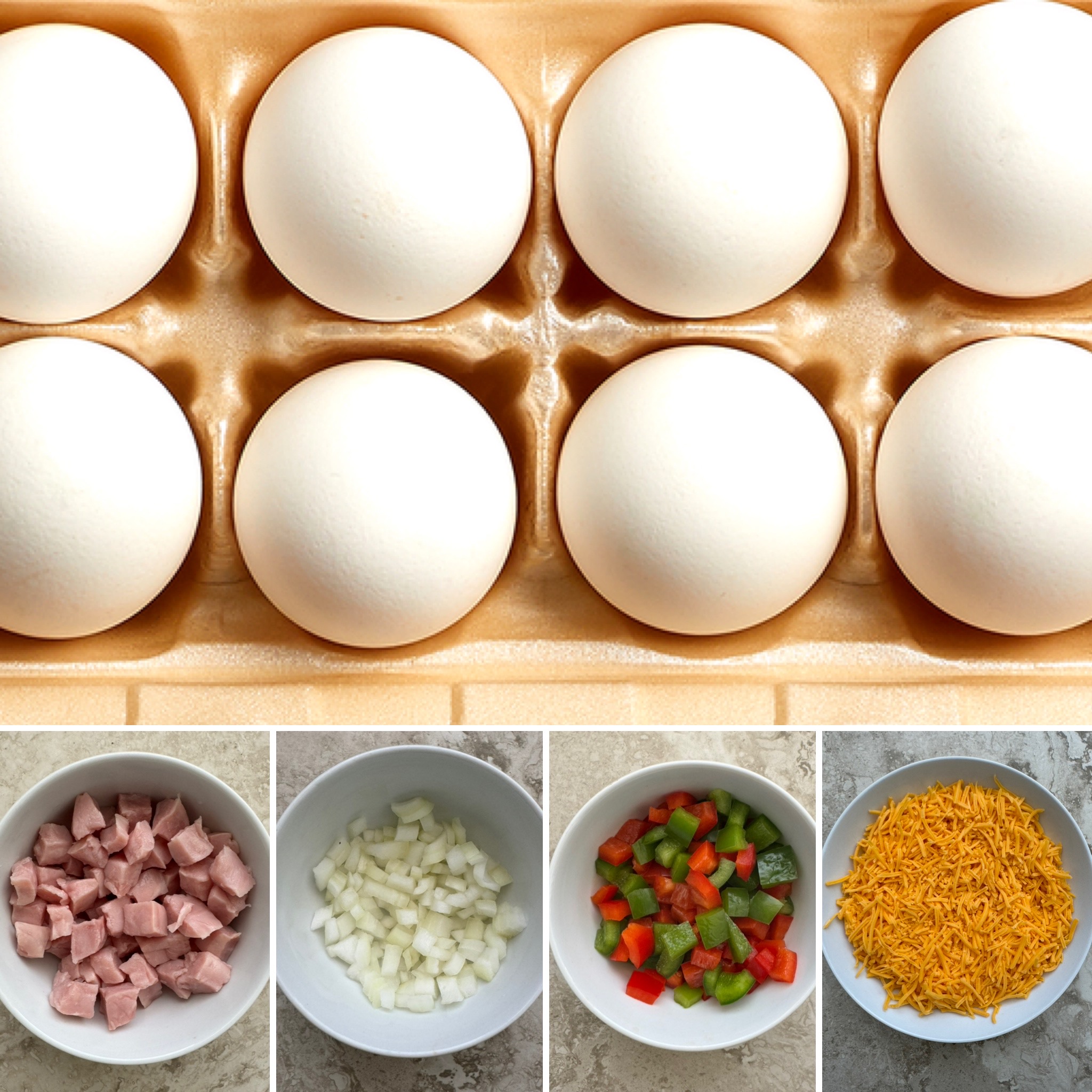 collage of ingredients for denver omelette casserole