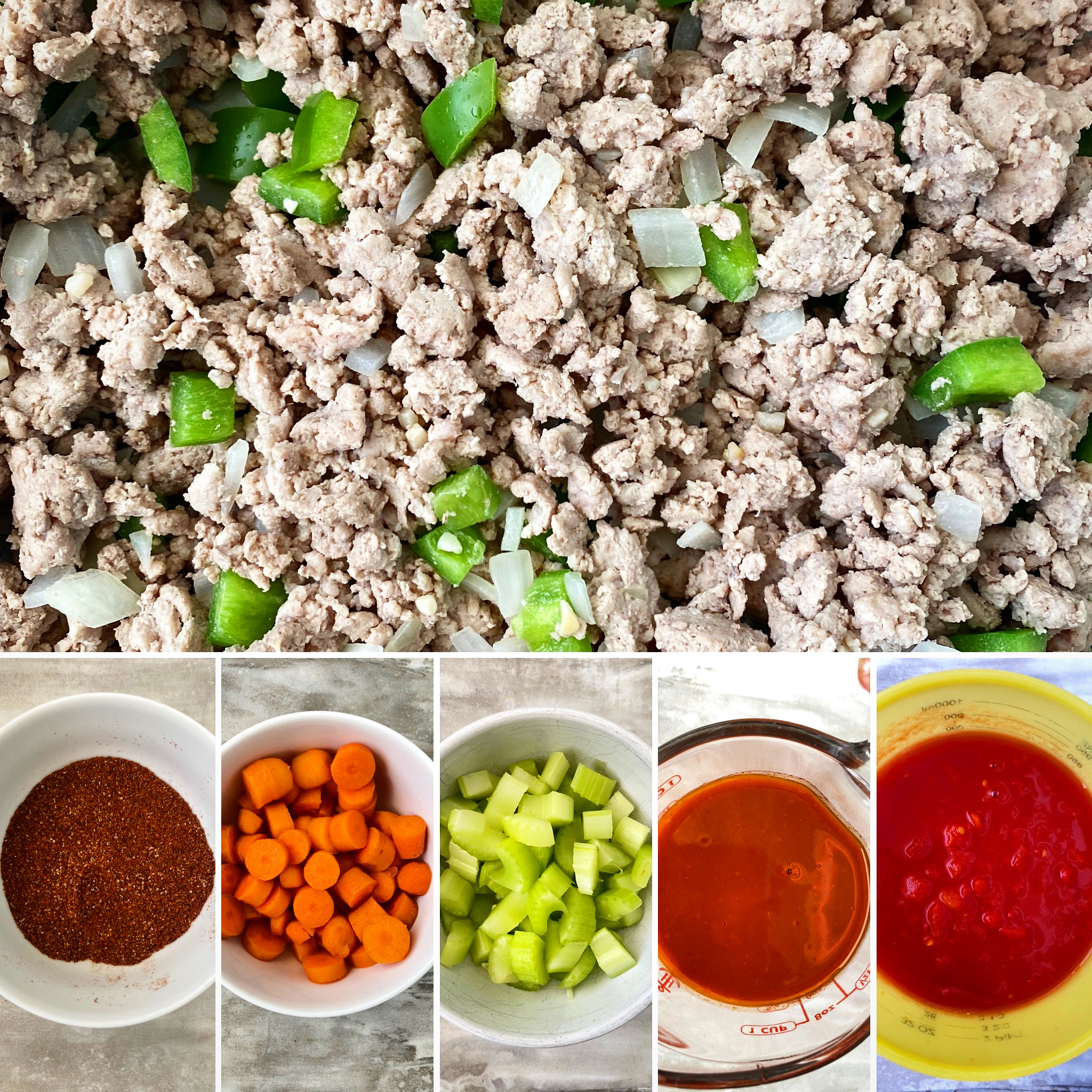 collage of ingredients for buffalo chicken chili