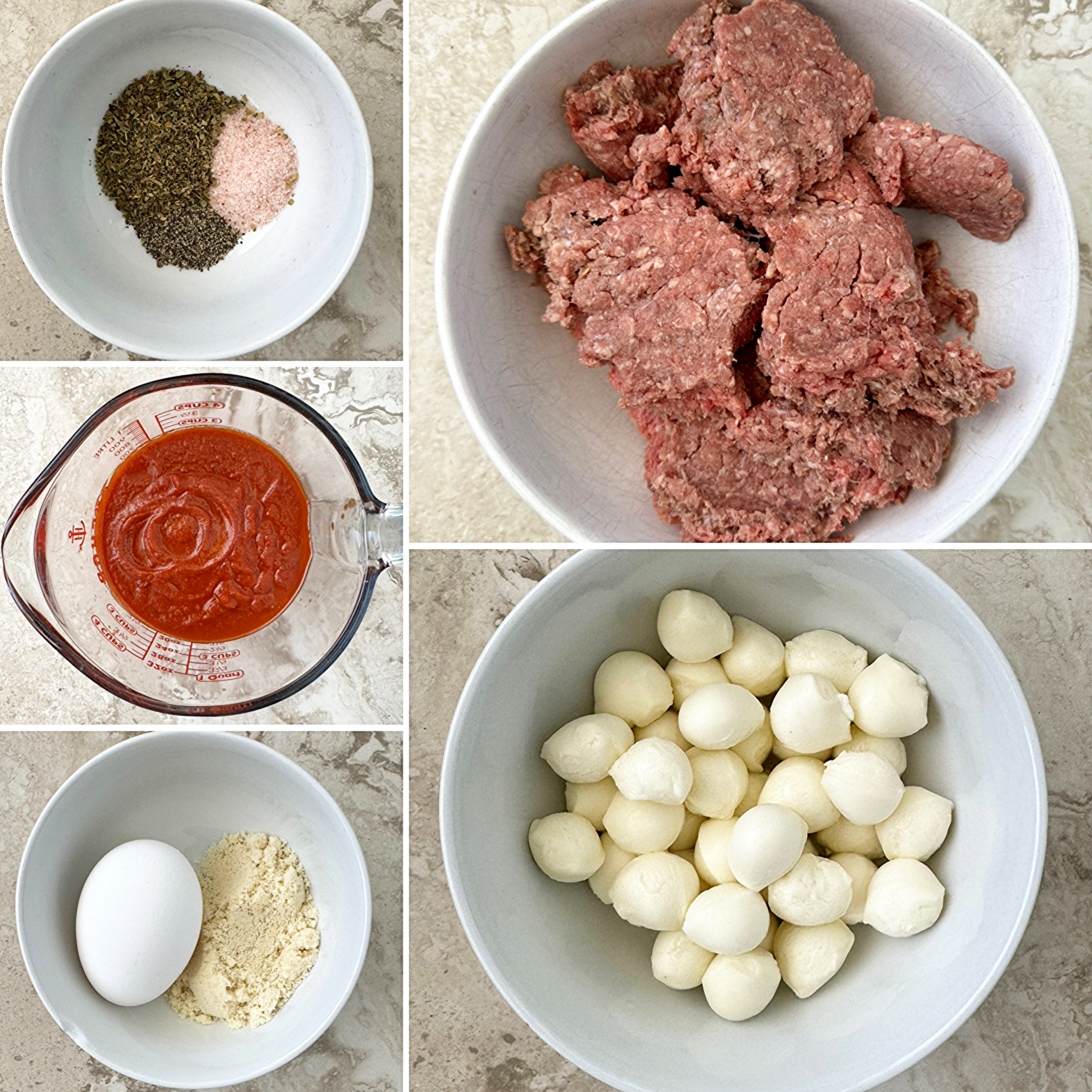 collage of ingredients for slow cooker mozzarella stuffed meatballs 