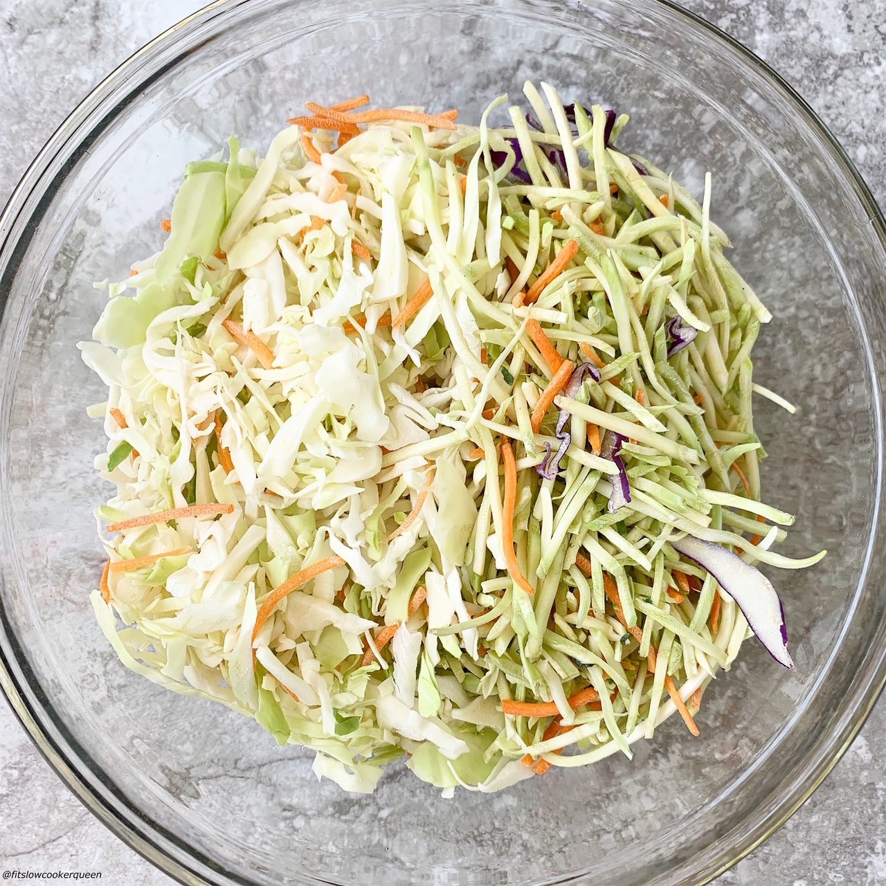 bowl of broccoli slaw & coleslaw before sauce is added