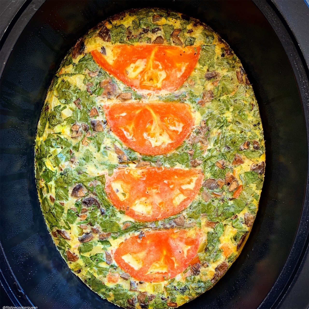 cooked meat & veggie frittata in the slow cooker for {VIDEO} Slow Cooker Meat & Vegetable Frittata (Low-Carb, Paleo, Whole30)