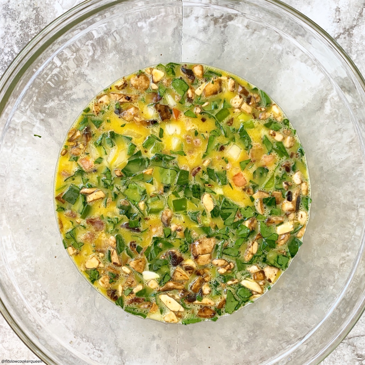 eggs, meat & vegetable in a glass bowl for the {VIDEO} Slow Cooker Meat & Vegetable Frittata (Low-Carb, Paleo, Whole30)