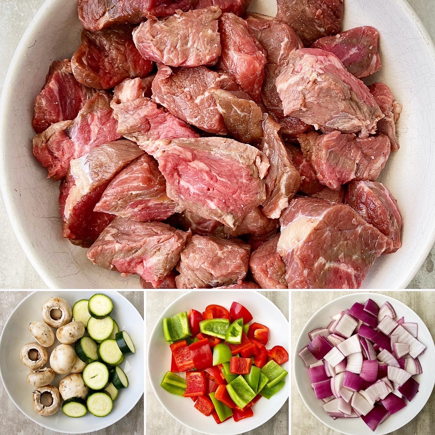 collage of ingredients for sheet pan beef kebabs
