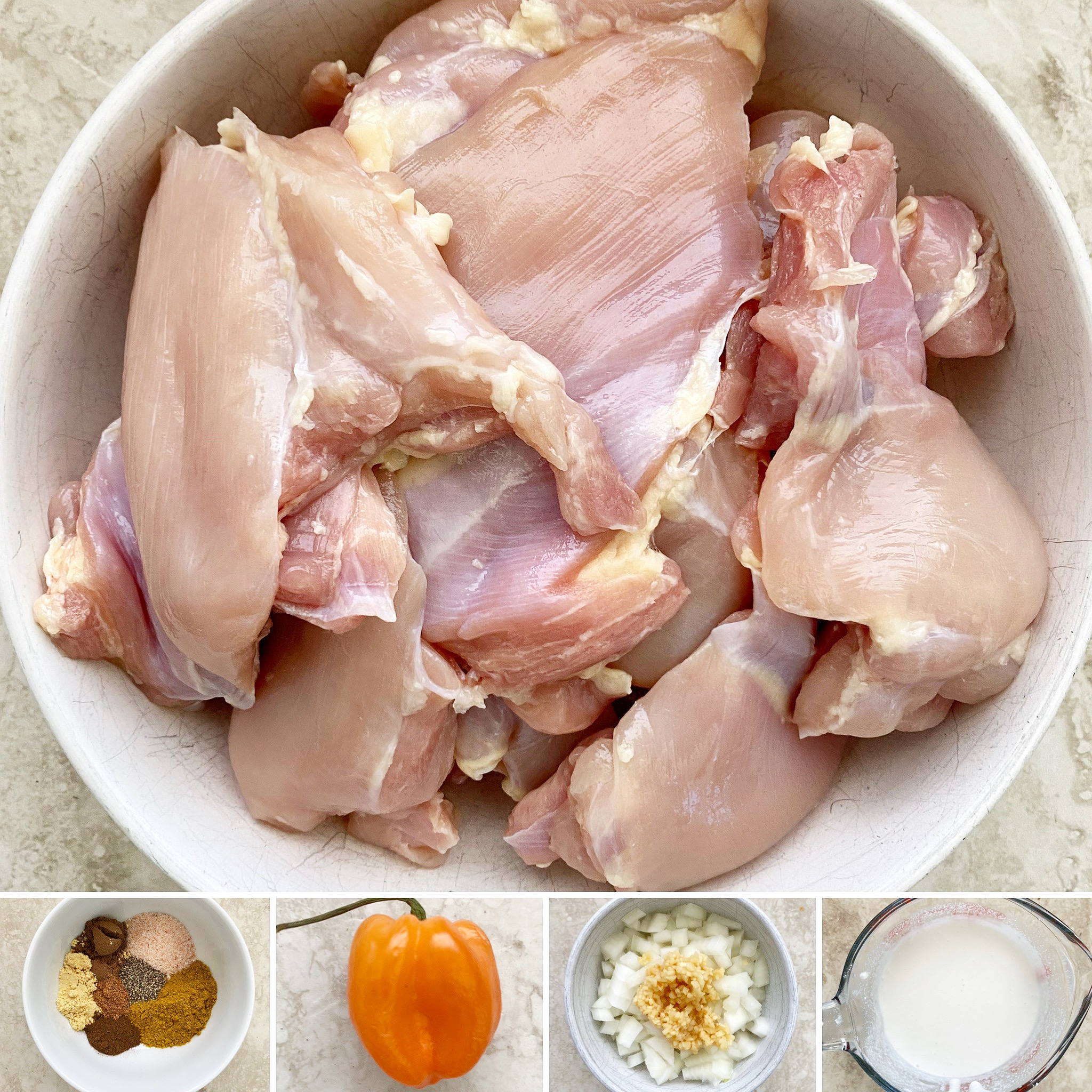 collage of ingredients for Caribbean chicken