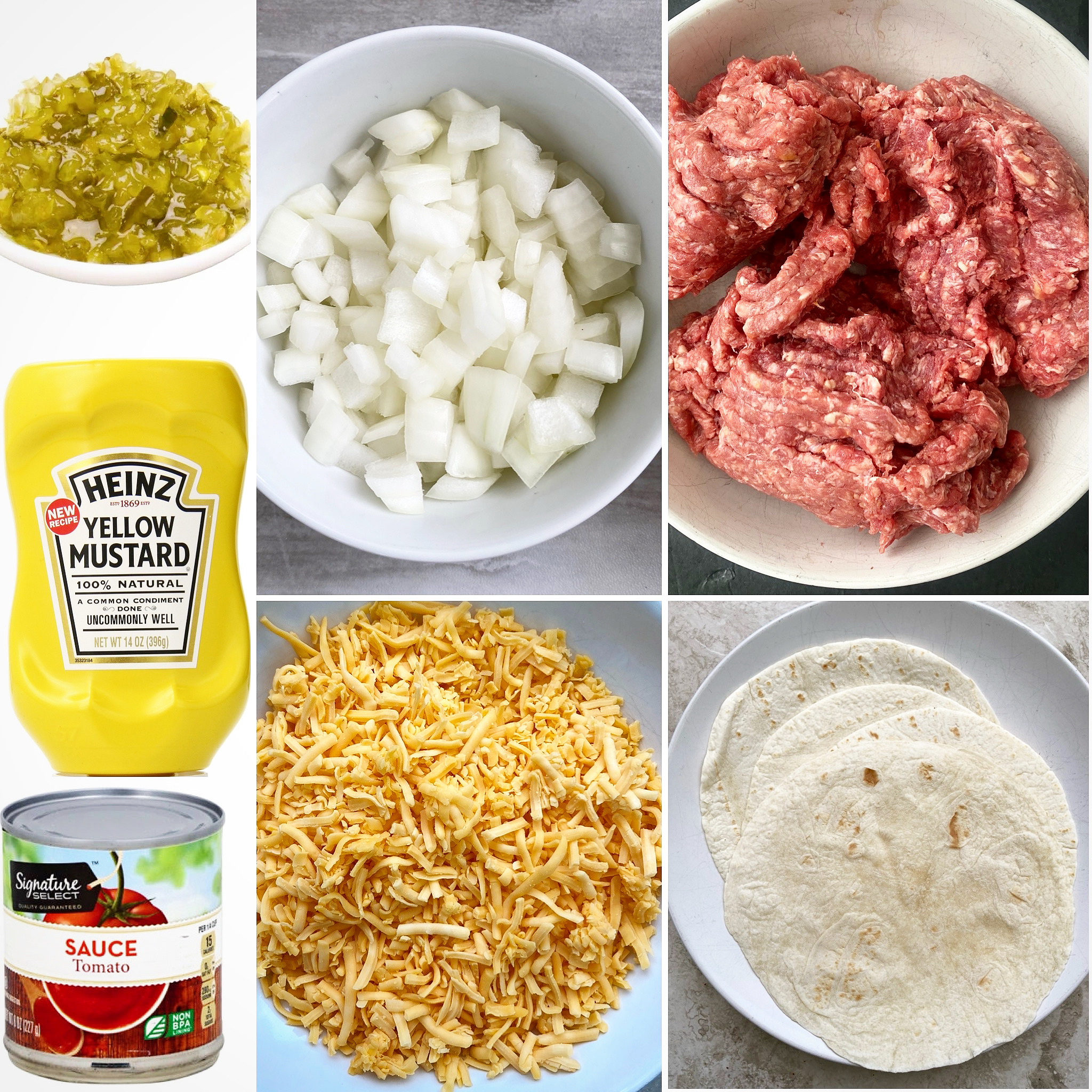collage of ingredients for cheeseburger casserole