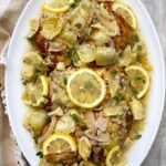 overhead shot of lemon artichoke chicken on a white plate with lemon slices and fresh thyme