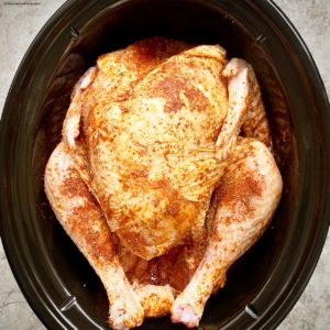 raw seasoned turkey in the slow cooker
