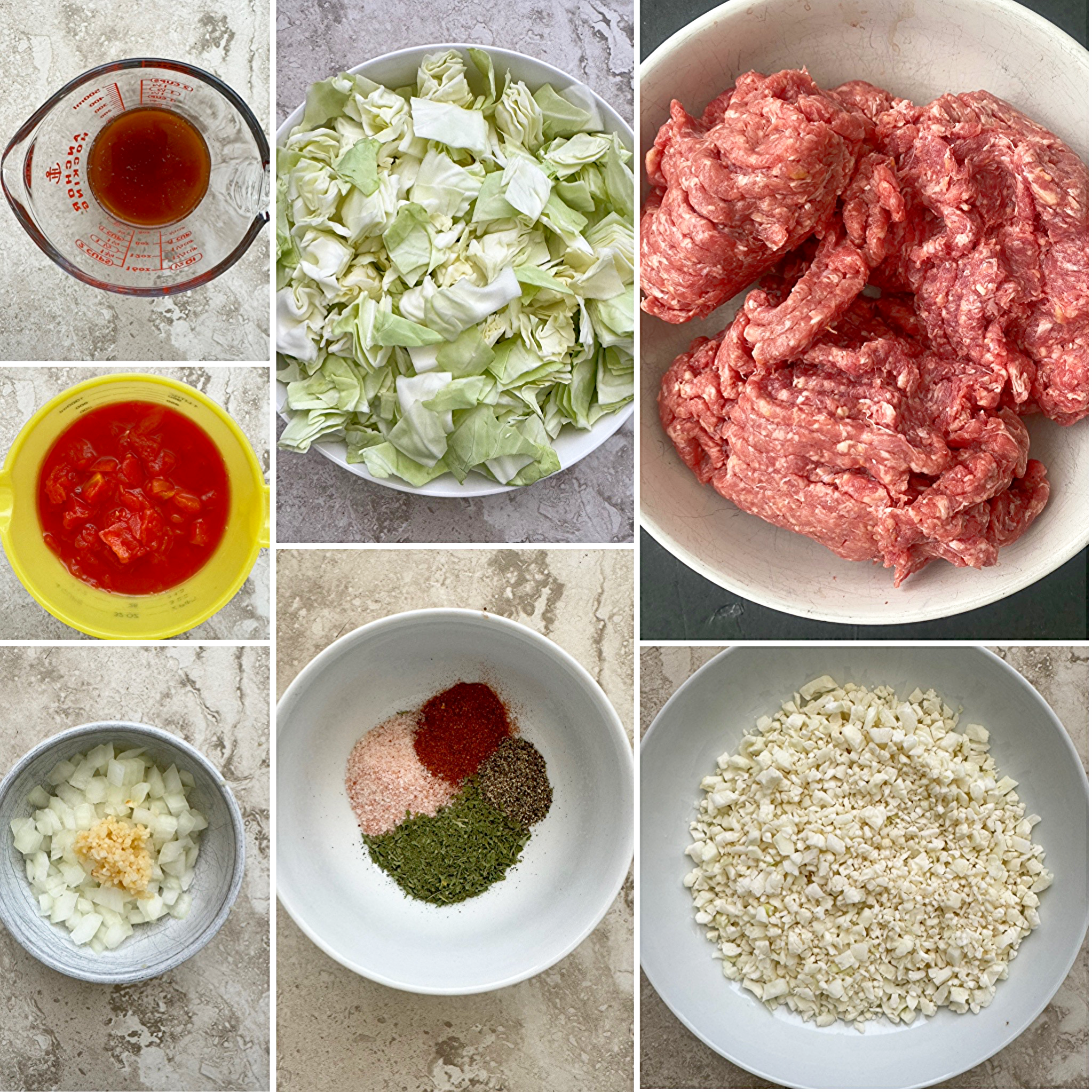 collage of ingredients for slow cooker unstuffed cabbage rolls 