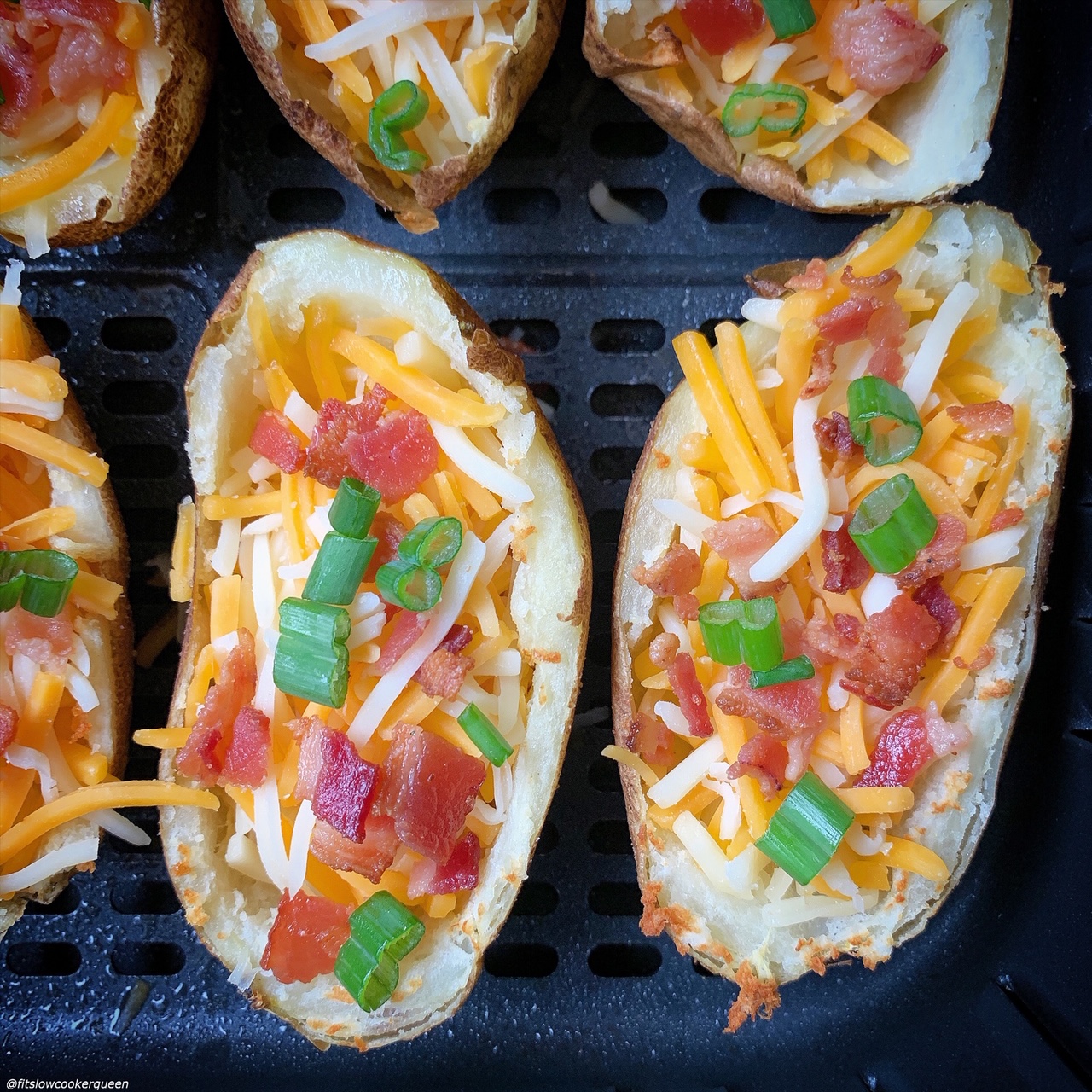 close up shot of cooked potato skins in the air fryer