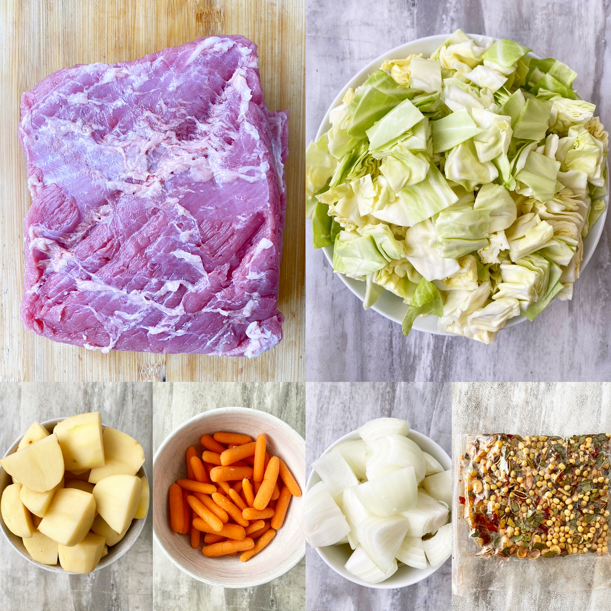 collage of ingredients for corned beef & cabbage in the slow cooker
