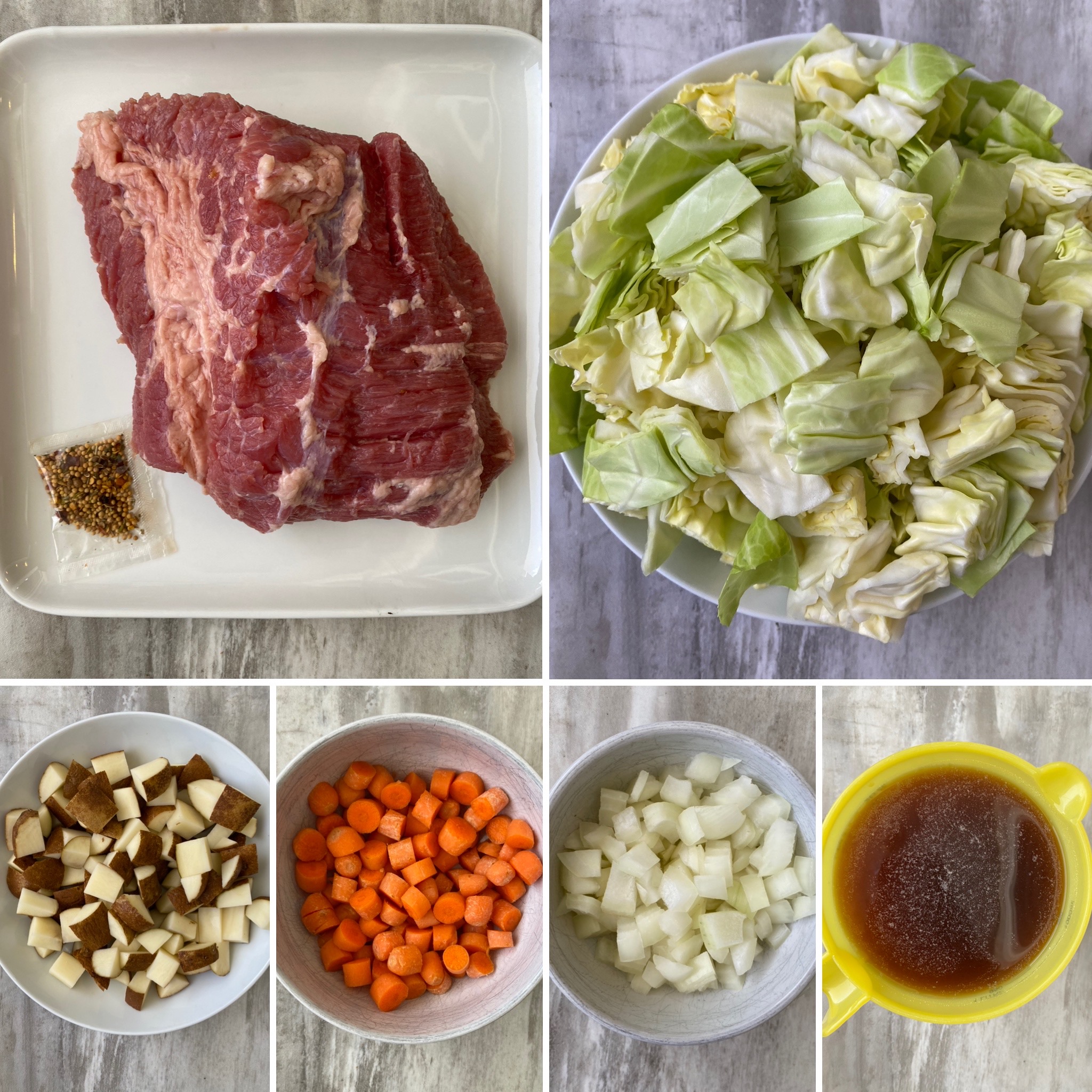 collage of ingredients for corned beef & cabbage soup