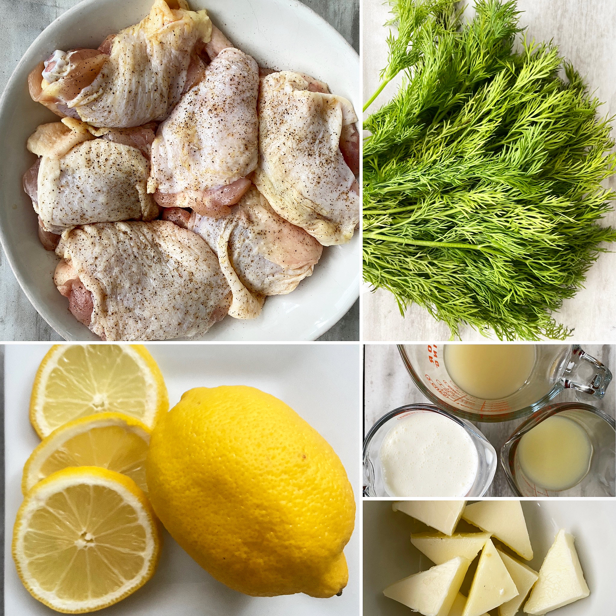collage of ingredients for creamy lemon dill chicken