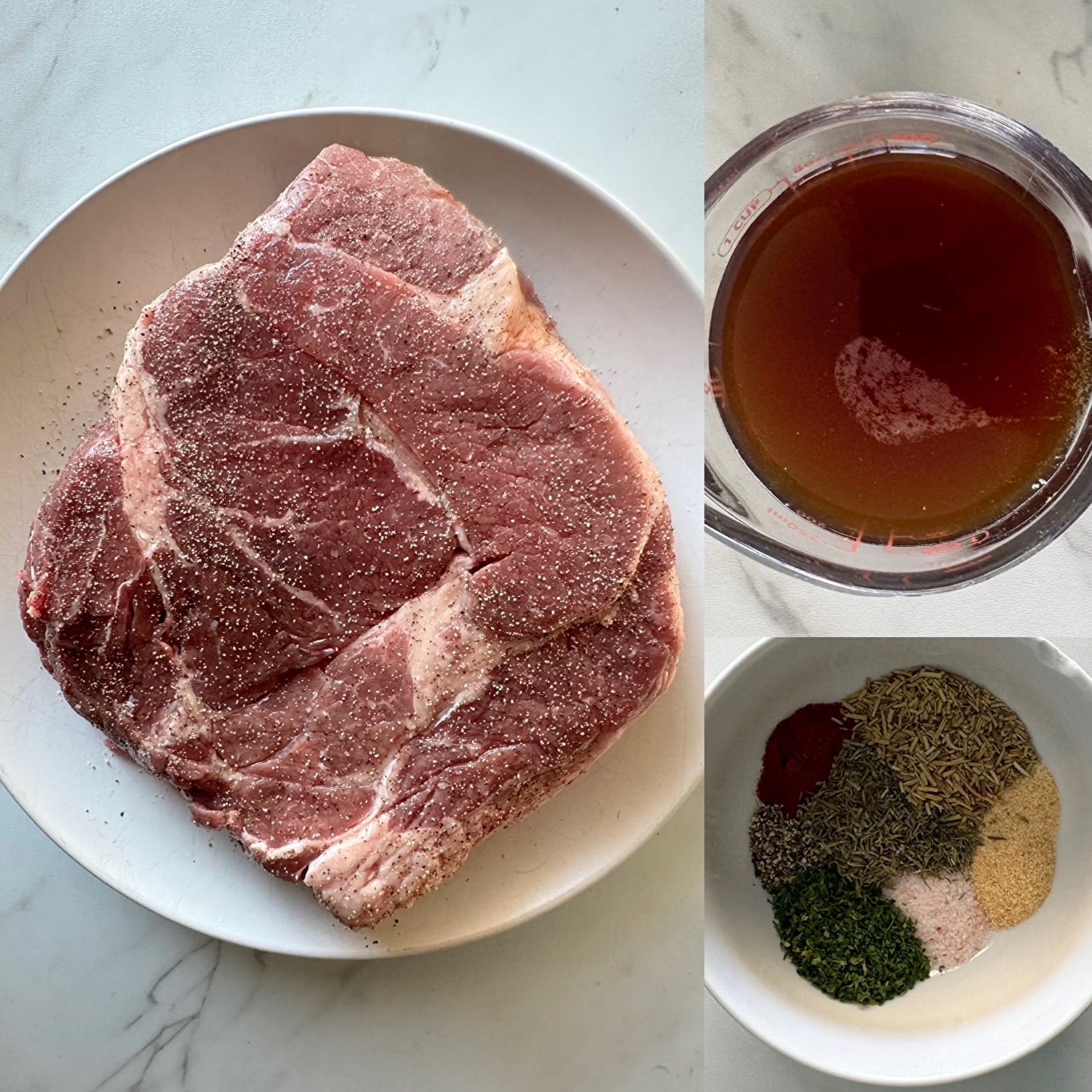 collage of ingredients for Slow Cooker Shredded Beef 