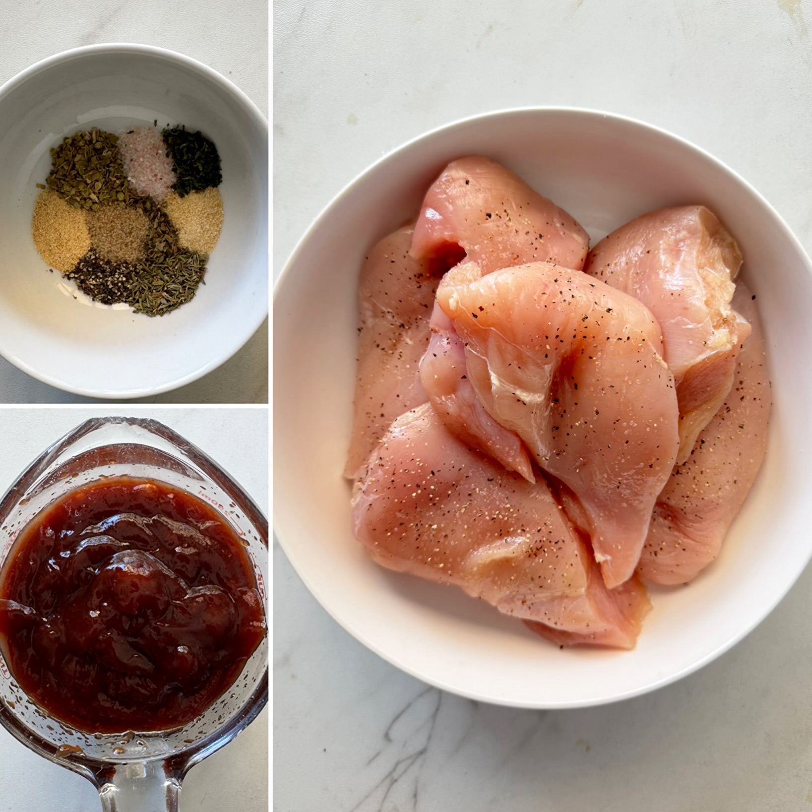collage of ingredients for slow cooker pulled chicken