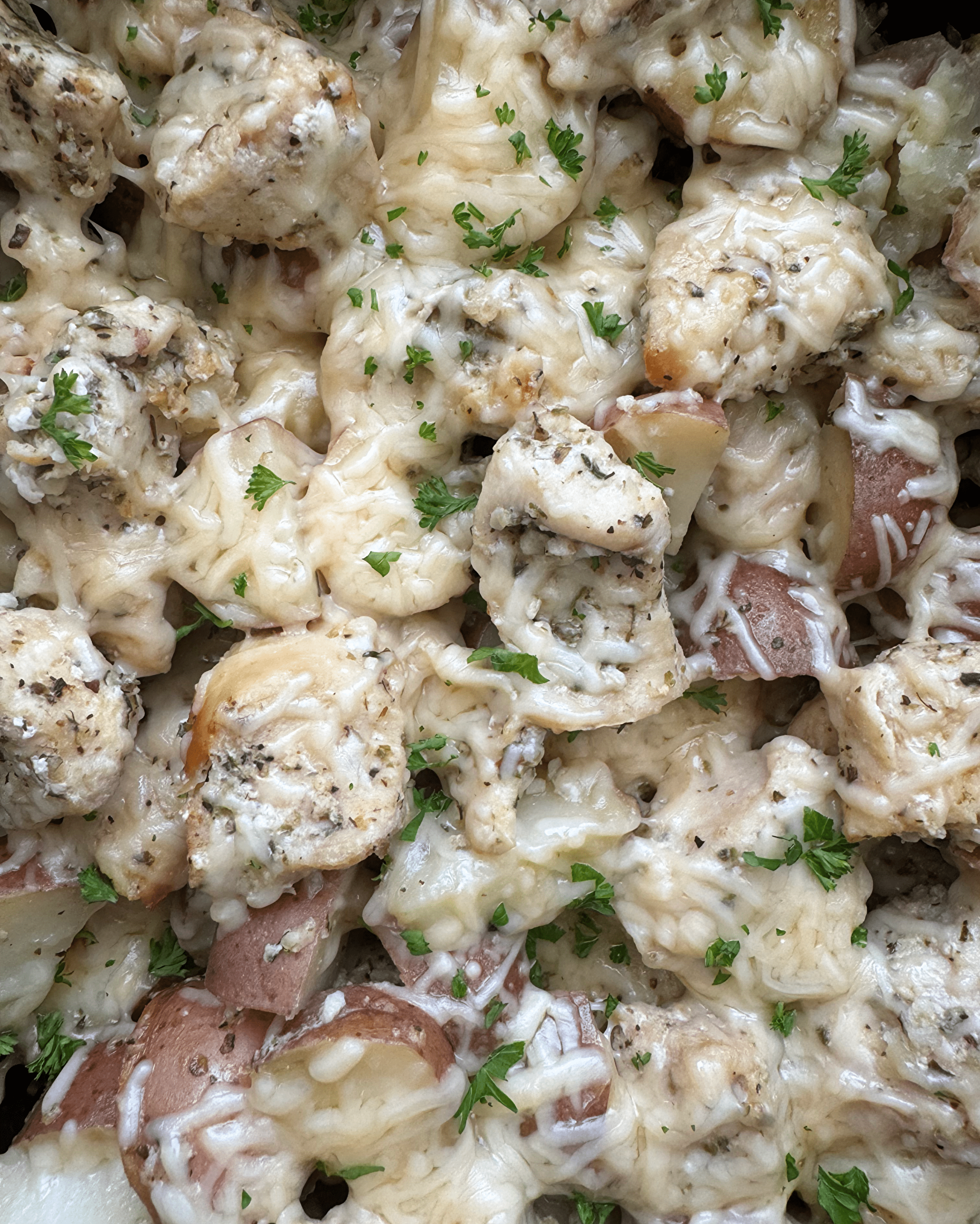 close up pic of garlic parmesan chicken and potatoes