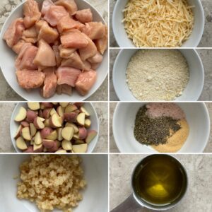 collage of ingredients for garlic parmesan chicken and potatoes