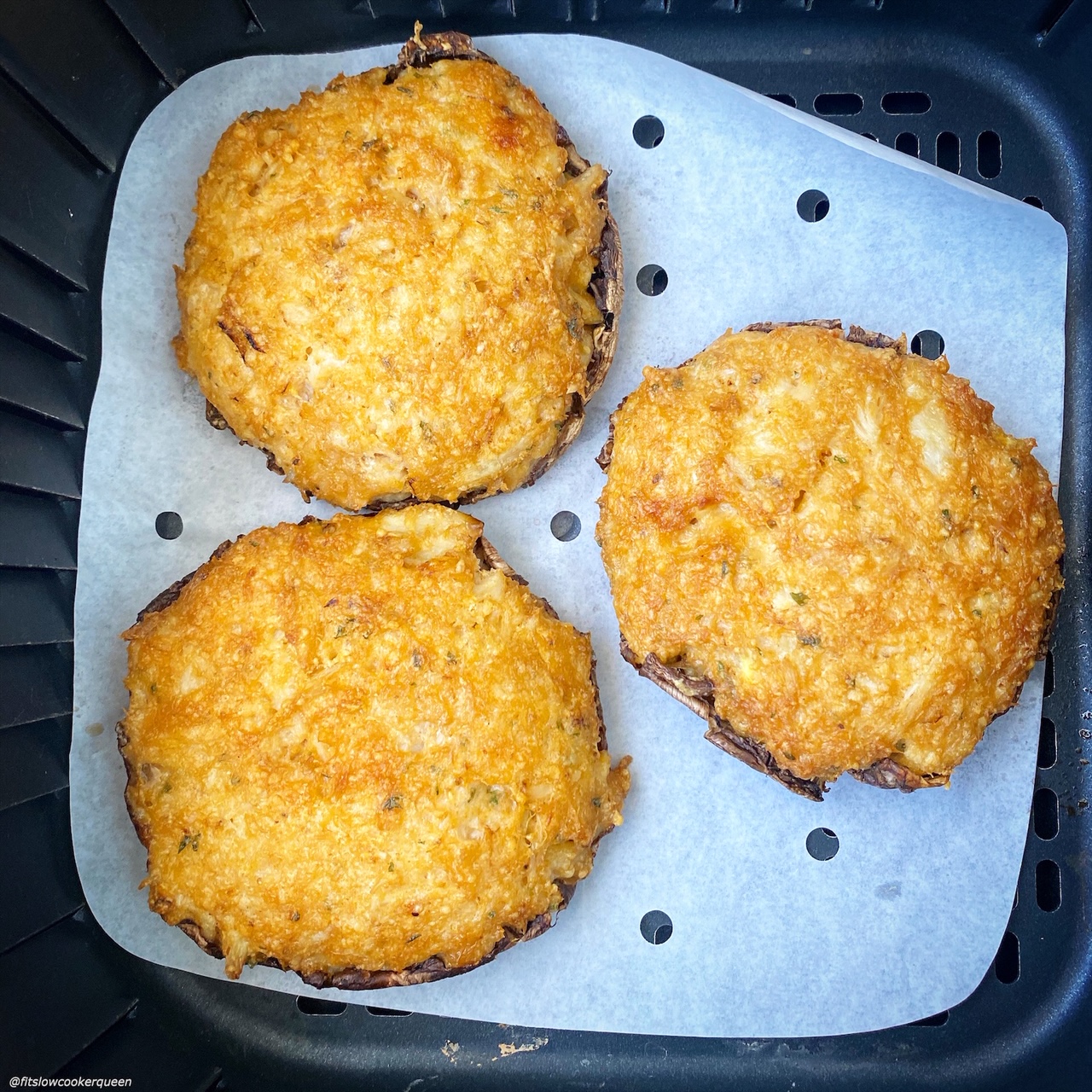 3 large cooked crab stuffed portobello mushrooms in the air fryer