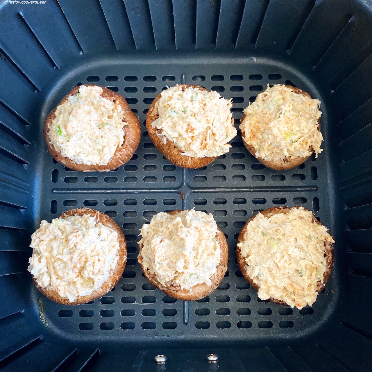 6 uncooked baby portobello crab stuffed mushrooms in the air fryer 