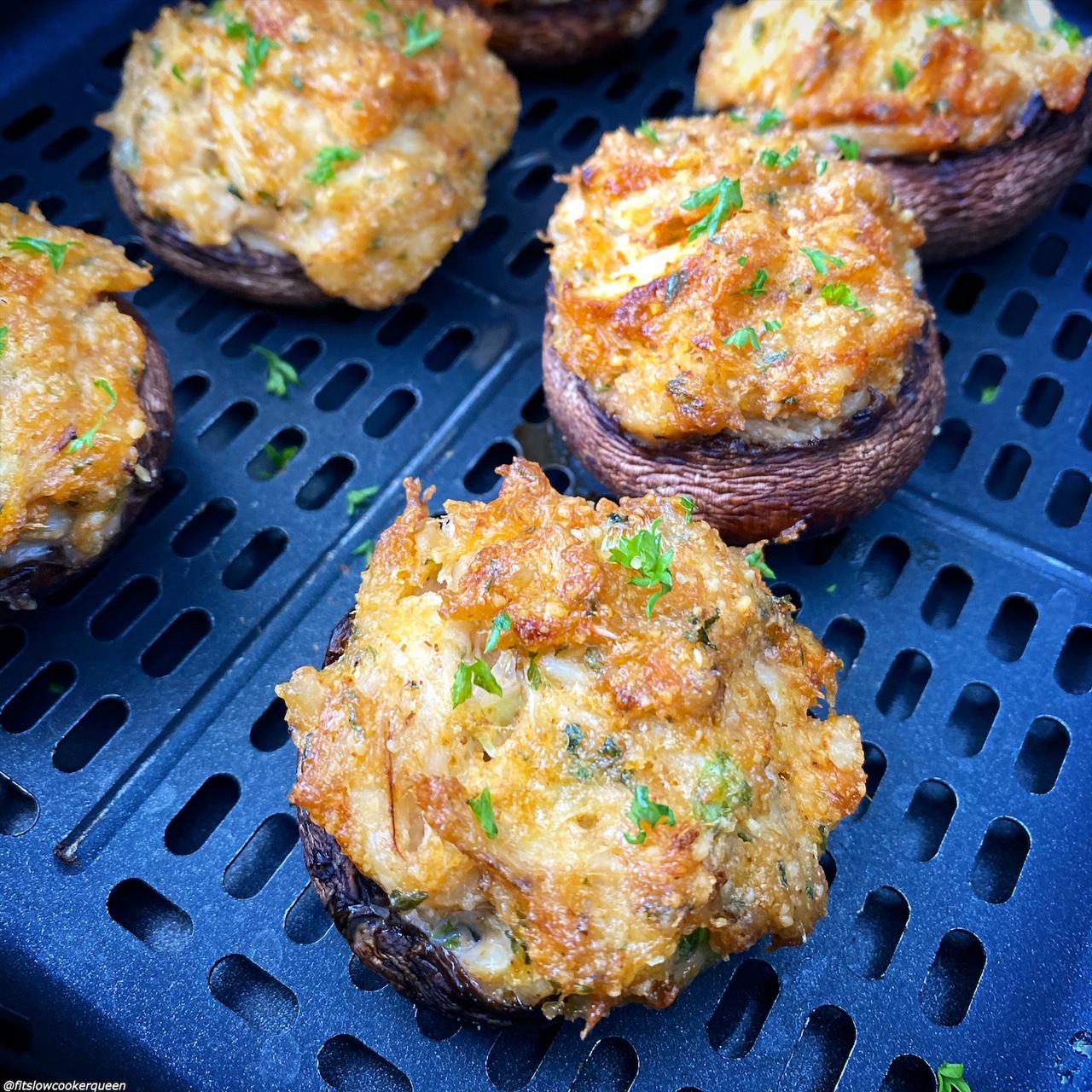 6 cooked baby portobello crab stuffed mushrooms in the air fryer 