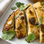close up shot of a sliced cilantro lime chicken breast