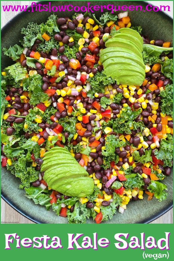 pinterest pin for {VIDEO} Fiesta Kale Salad (Vegan)
