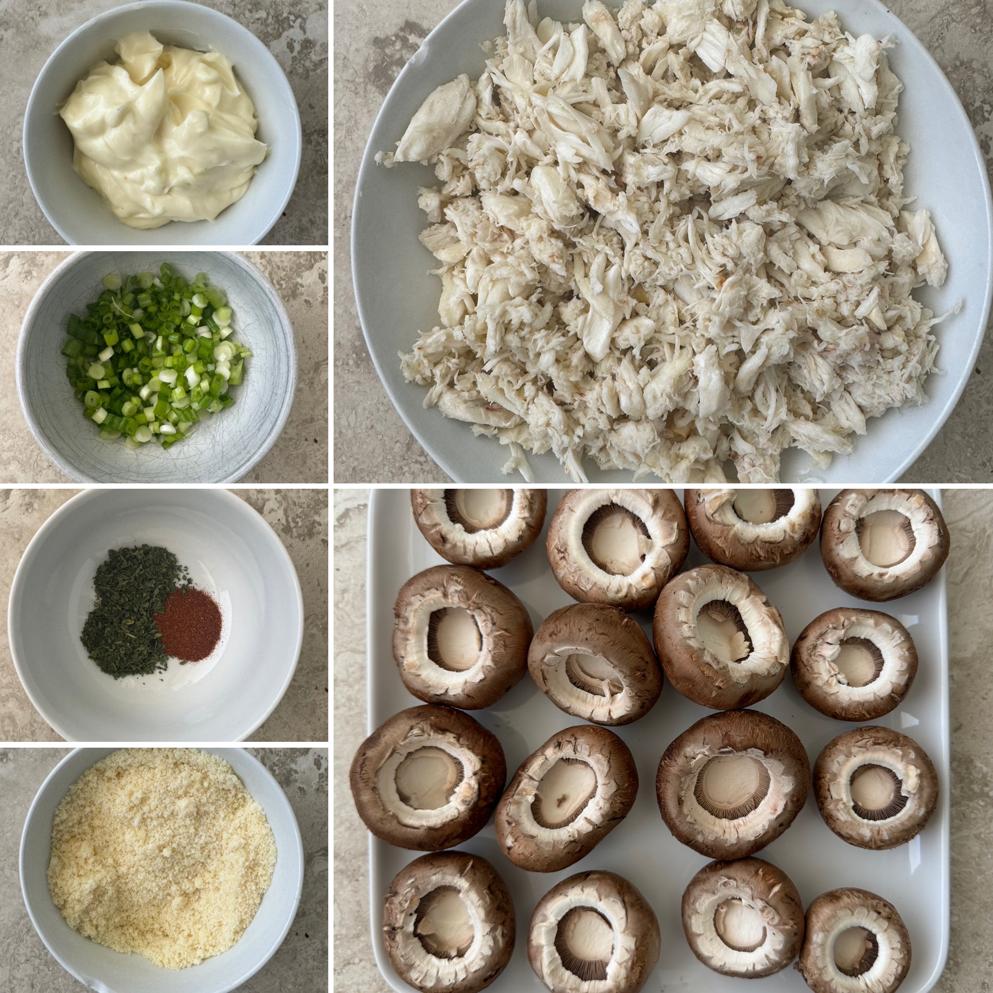 collage of ingredients for Air Fryer Crab Stuffed Mushrooms 
