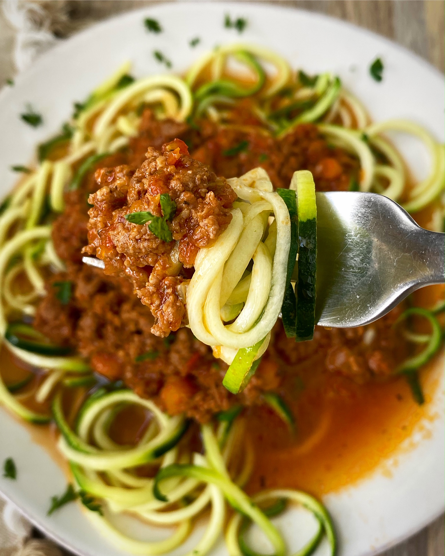 bolognese & zoodles on a fork