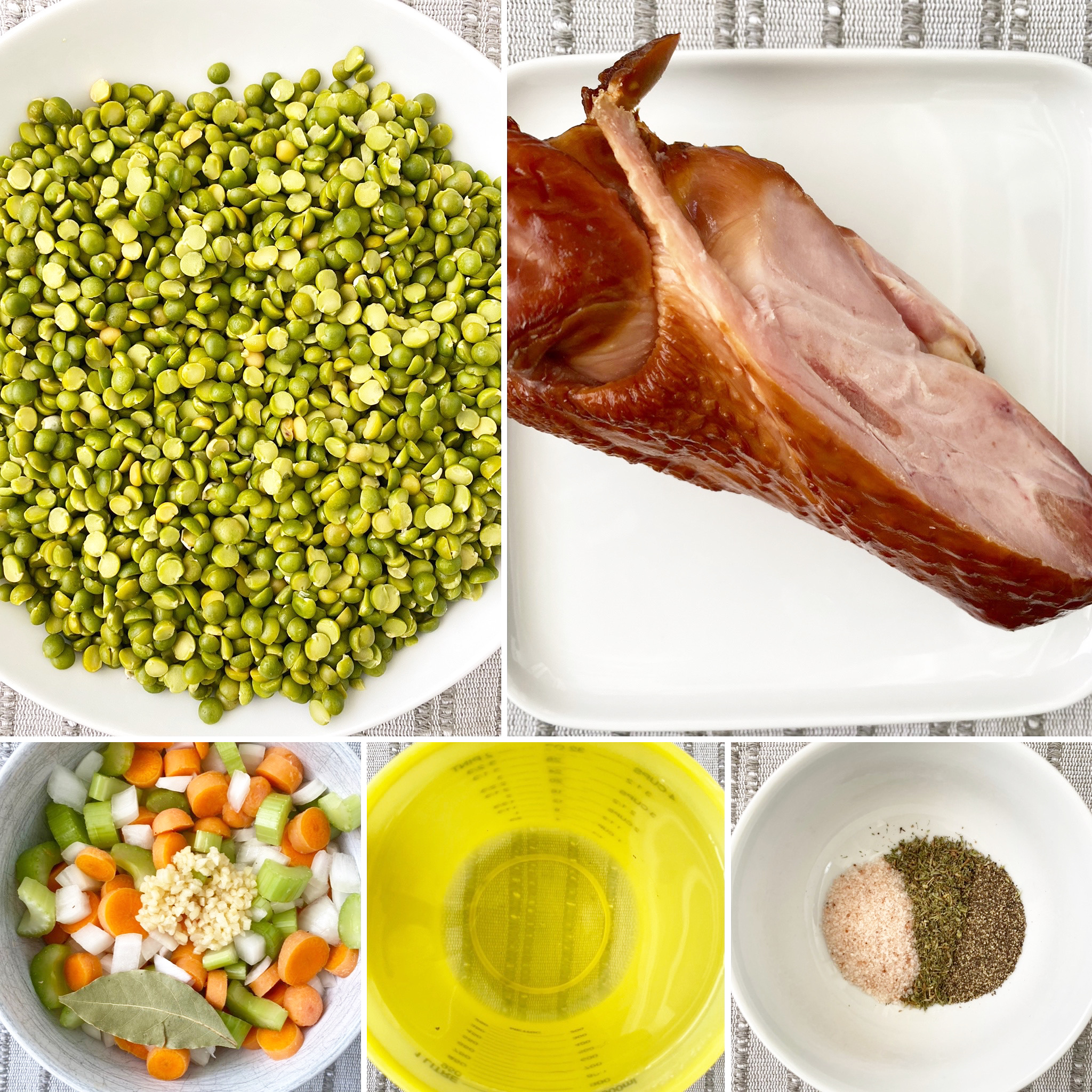collage of ingredients for slow cooker split pea soup