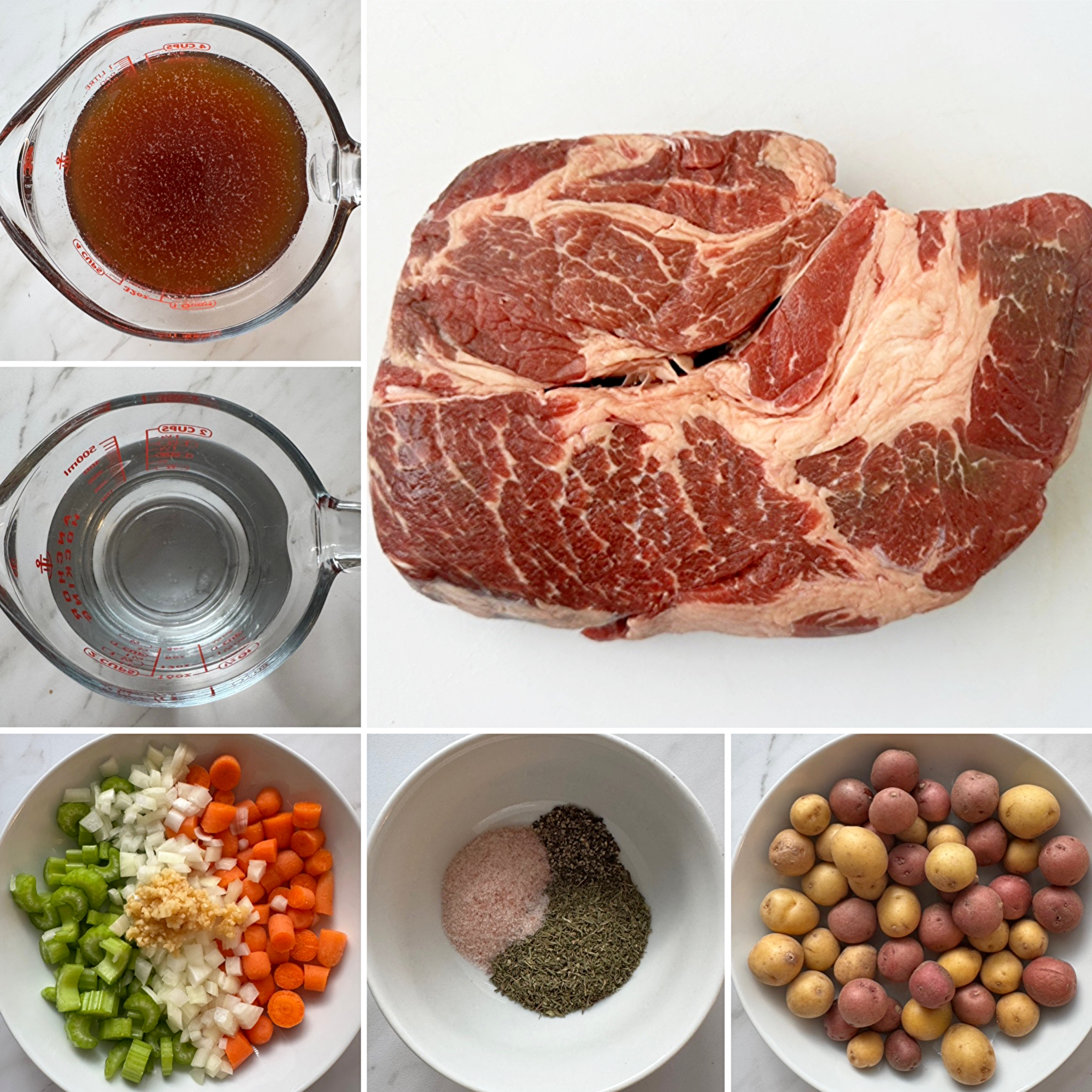 collage of ingredients for Crockpot Pot Roast Soup