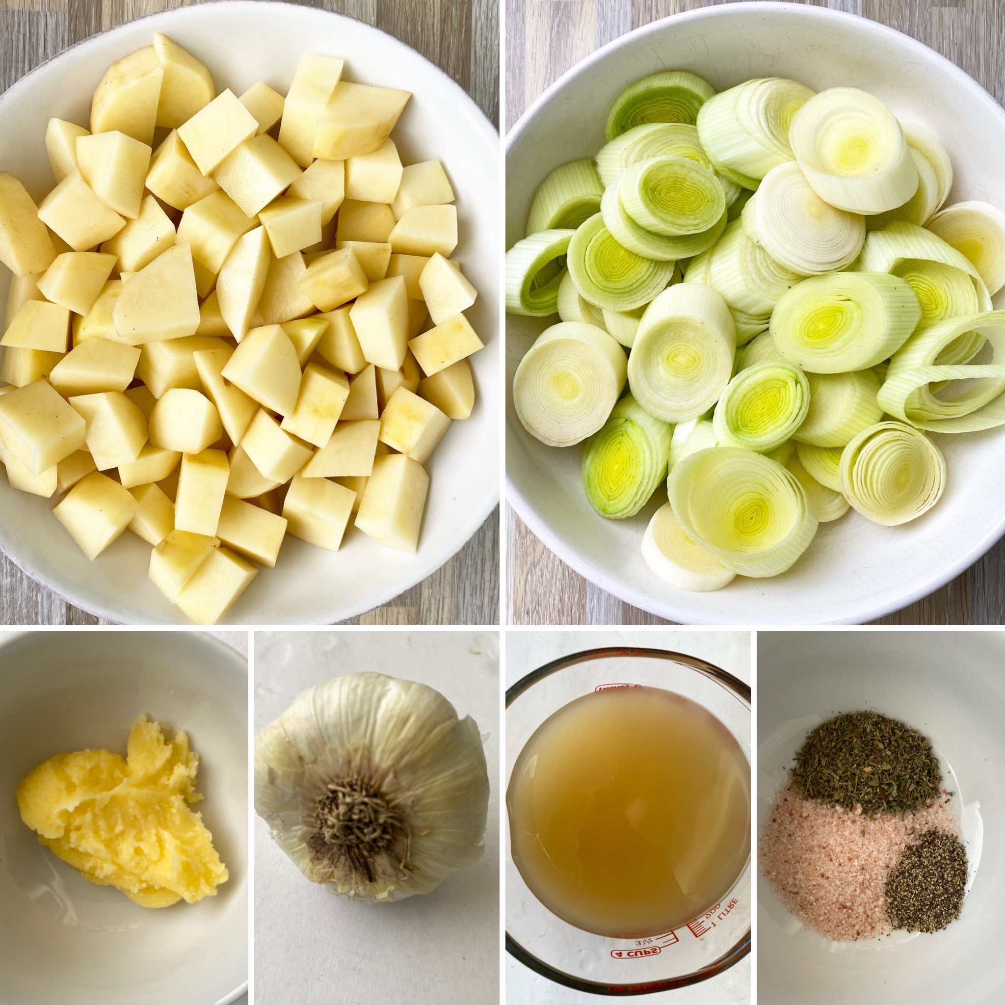 collage of ingredients for crockpot potato leek soup