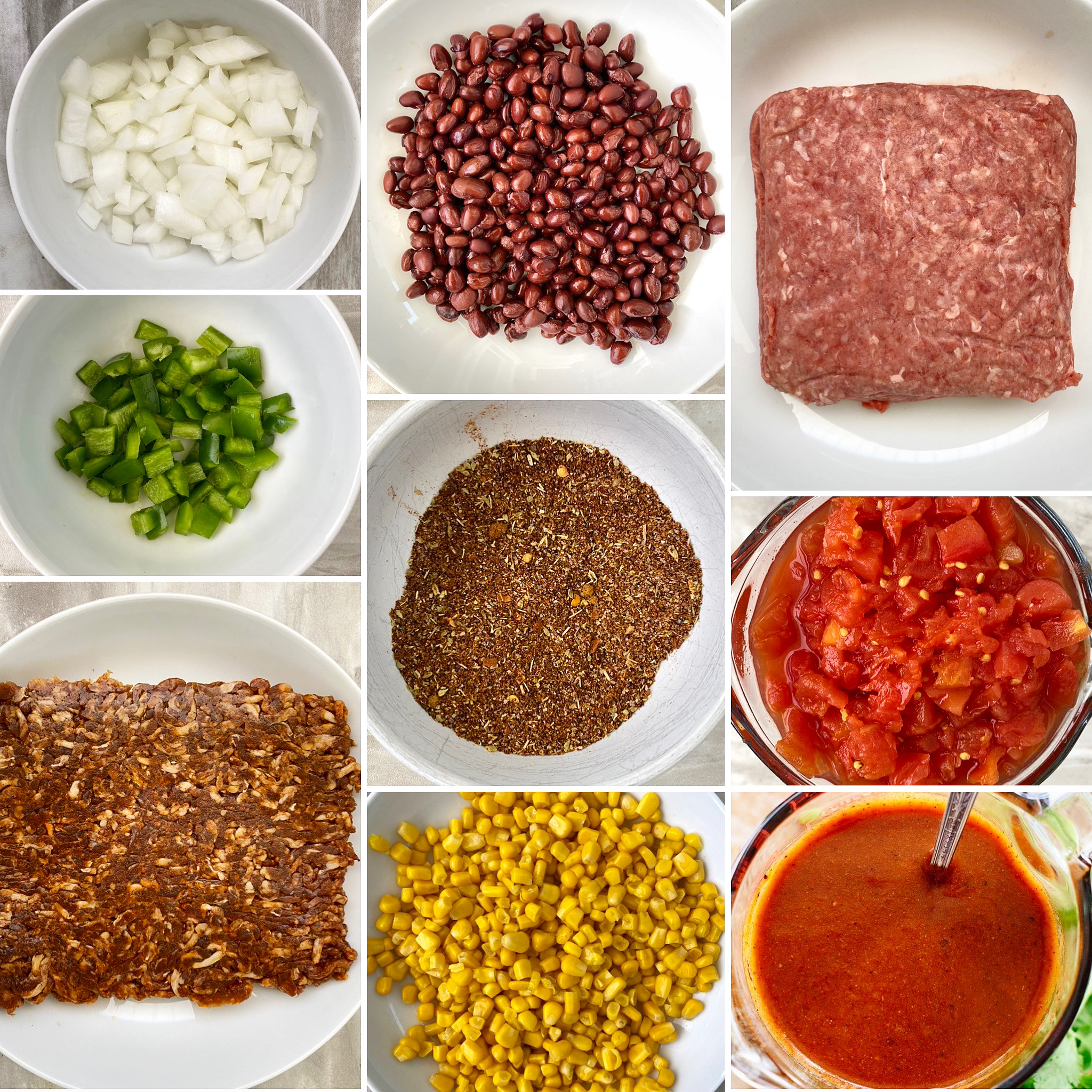 collage of ingredients for chorizo beef chili