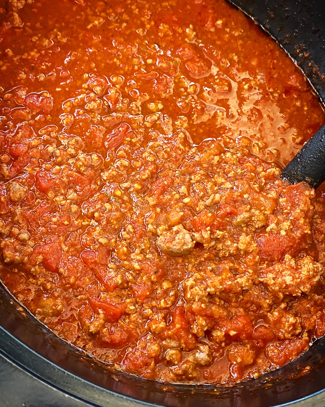 after pic of cooked meat sauce in the slow cooker