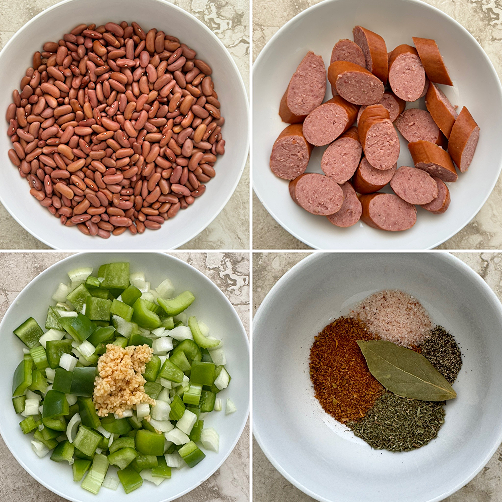 collage of ingredients for slow cooker red beans and rice
