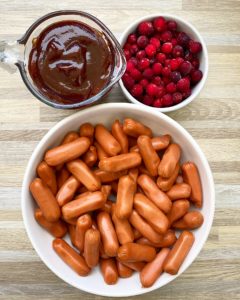 overhead shot of ingredients for slow cooker cranberry BBQcocktail sausages