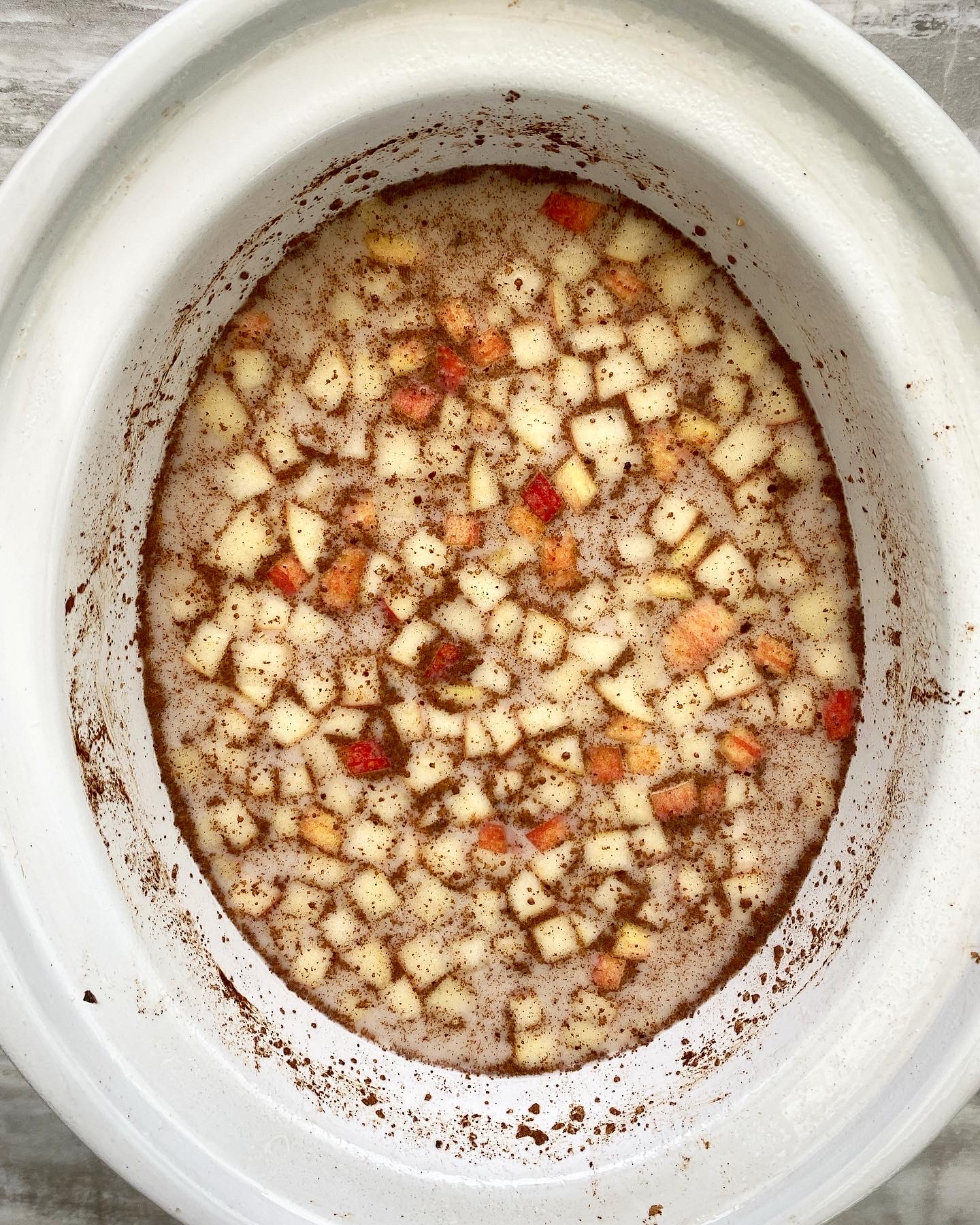 overhead shot of a before pic of uncooked apple cinnamon oatmeal in a white slow cooker