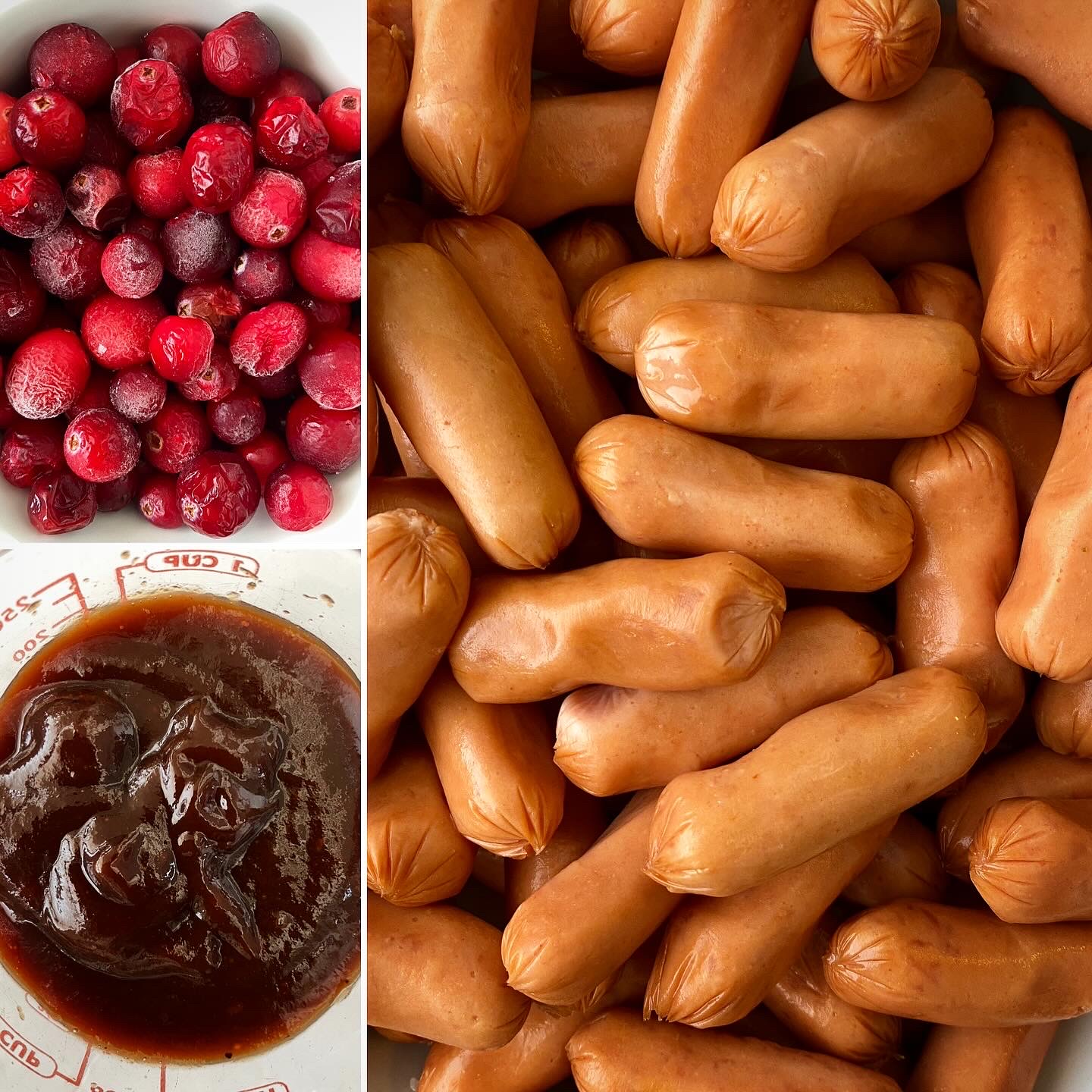 collage of ingredients for crockpot cranberry bbq cocktail sausages