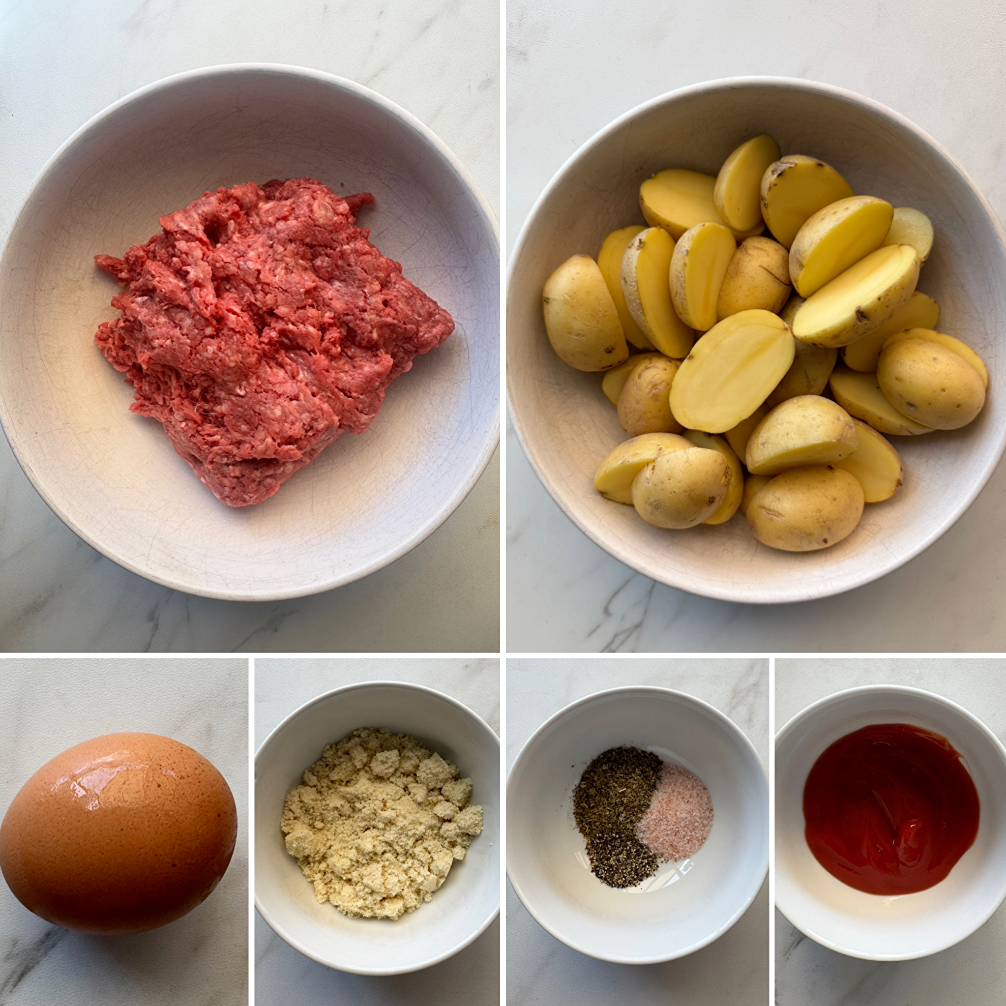 collage of ingredients for slow cooker meatloaf and potatoes