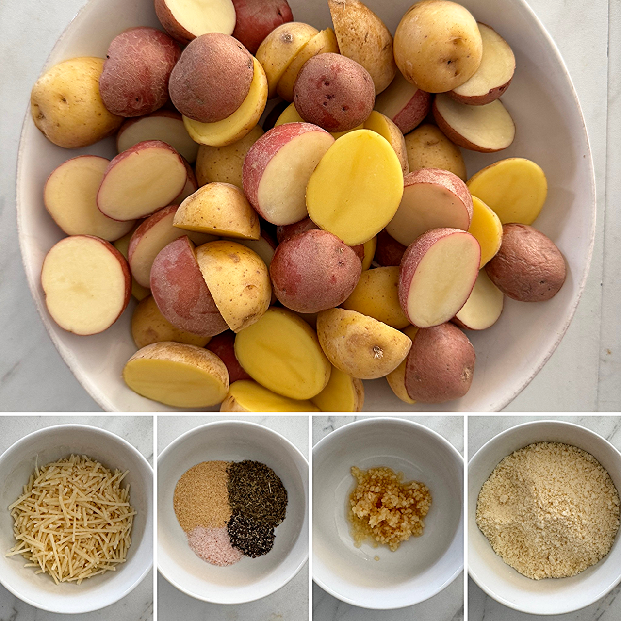 collage of ingredients for Slow Cooker Garlic Parmesan Potatoes 